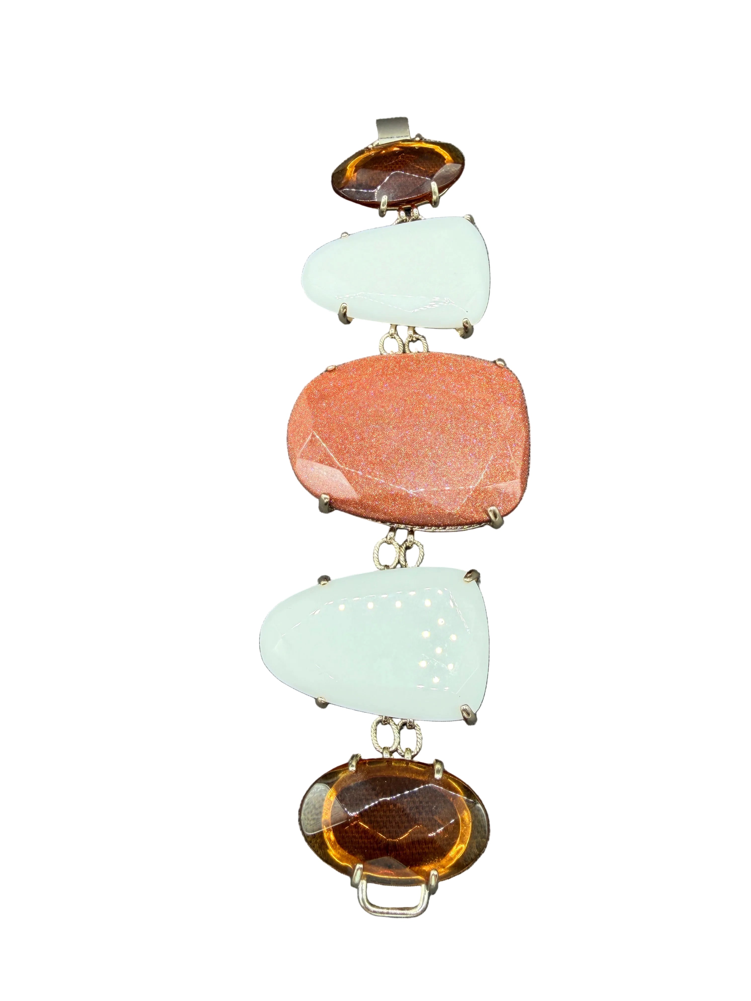 1960s Chunky Link Bracelet with Milk Glass, Amber Glass & Goldstone