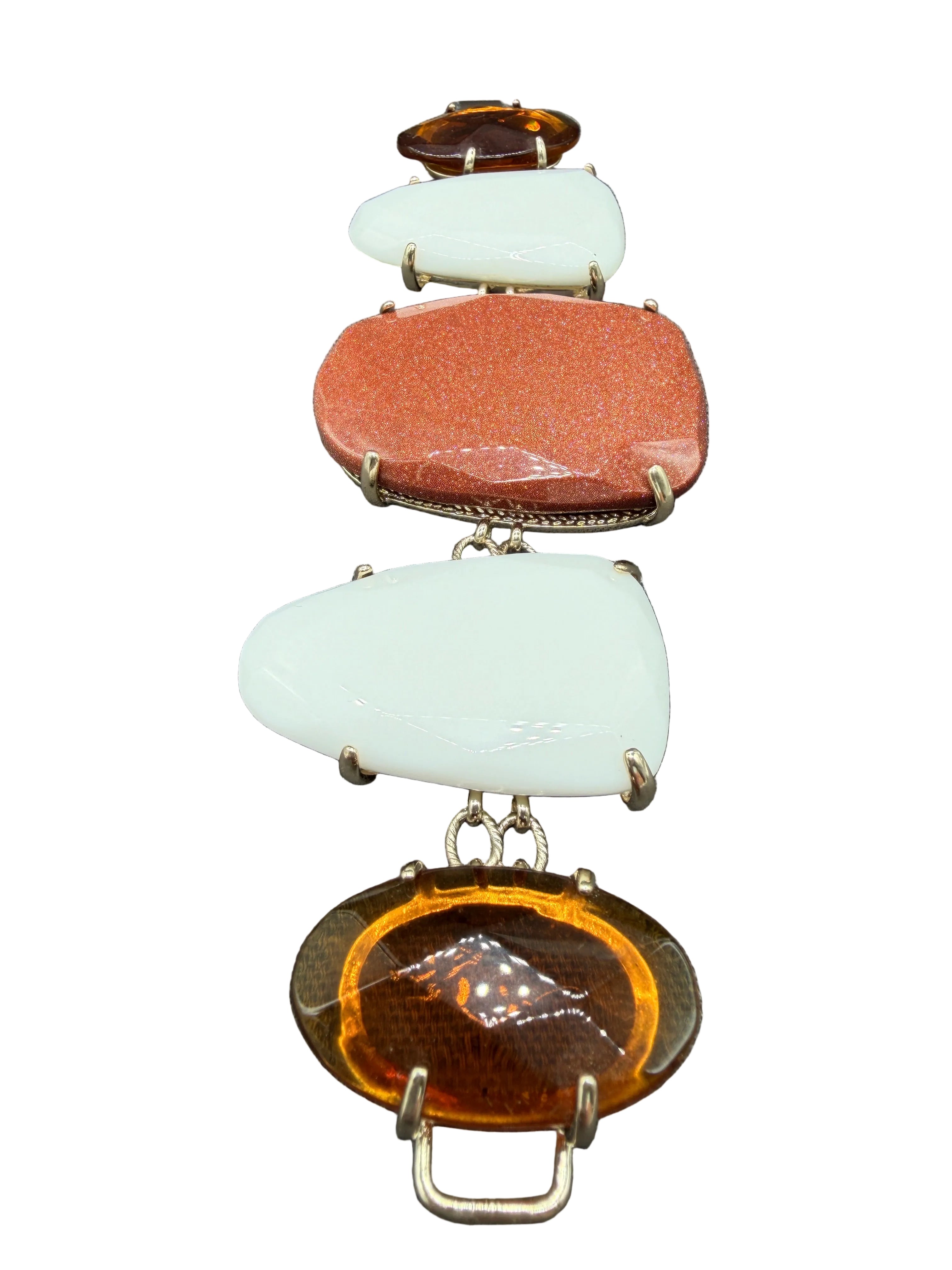 1960s Chunky Link Bracelet with Milk Glass, Amber Glass & Goldstone