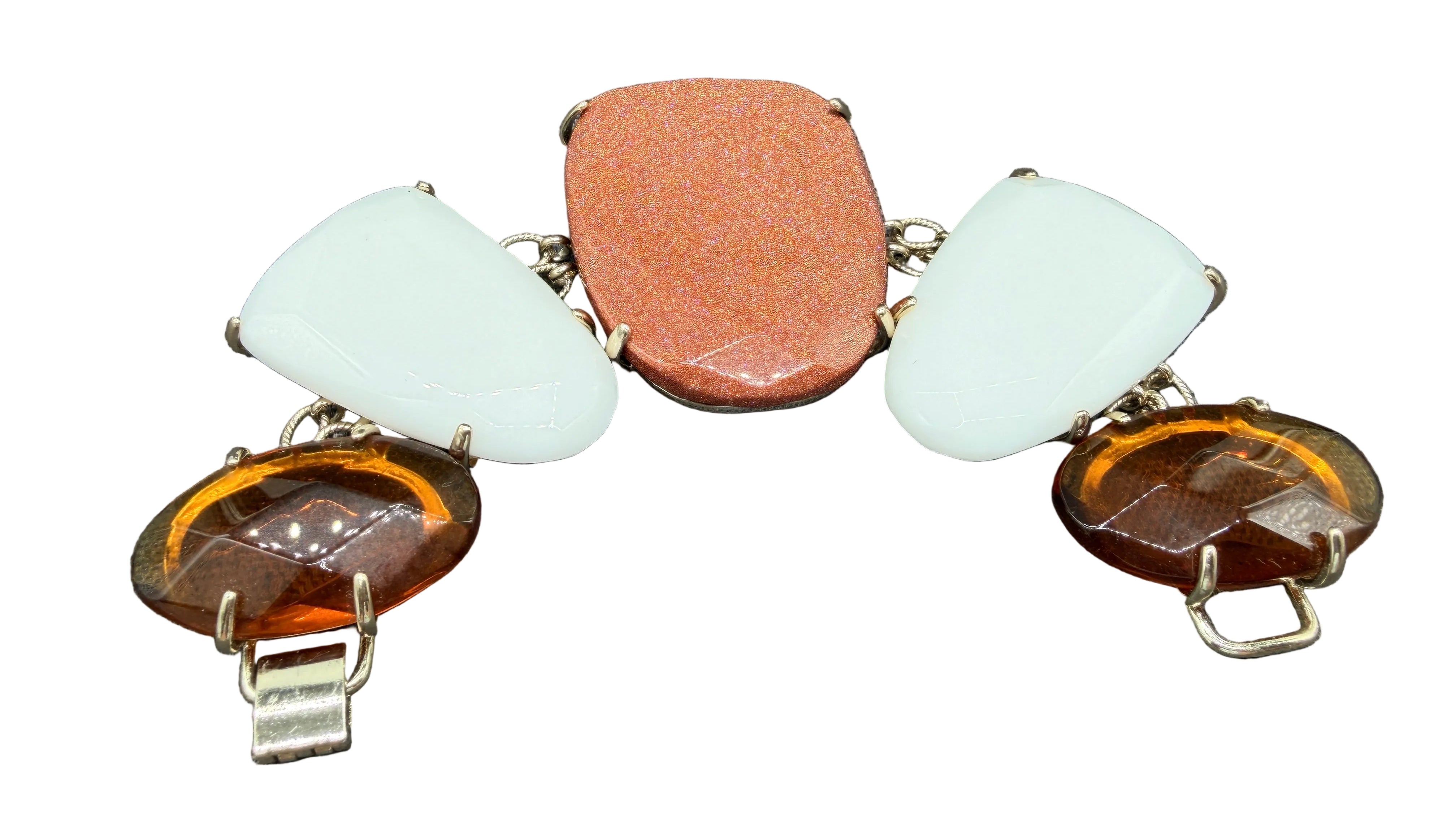 1960s Chunky Link Bracelet with Milk Glass, Amber Glass & Goldstone