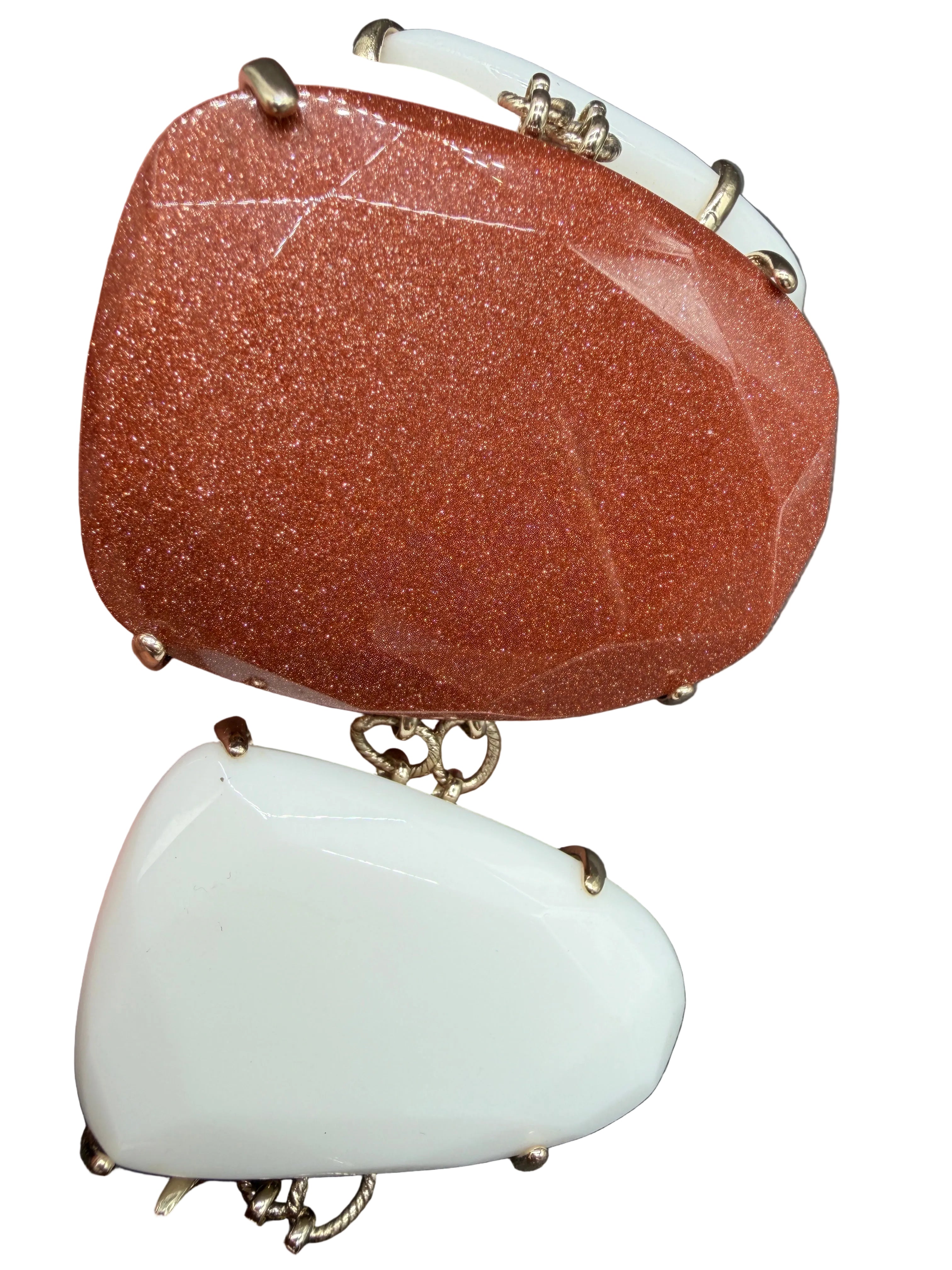 1960s Chunky Link Bracelet with Milk Glass, Amber Glass & Goldstone