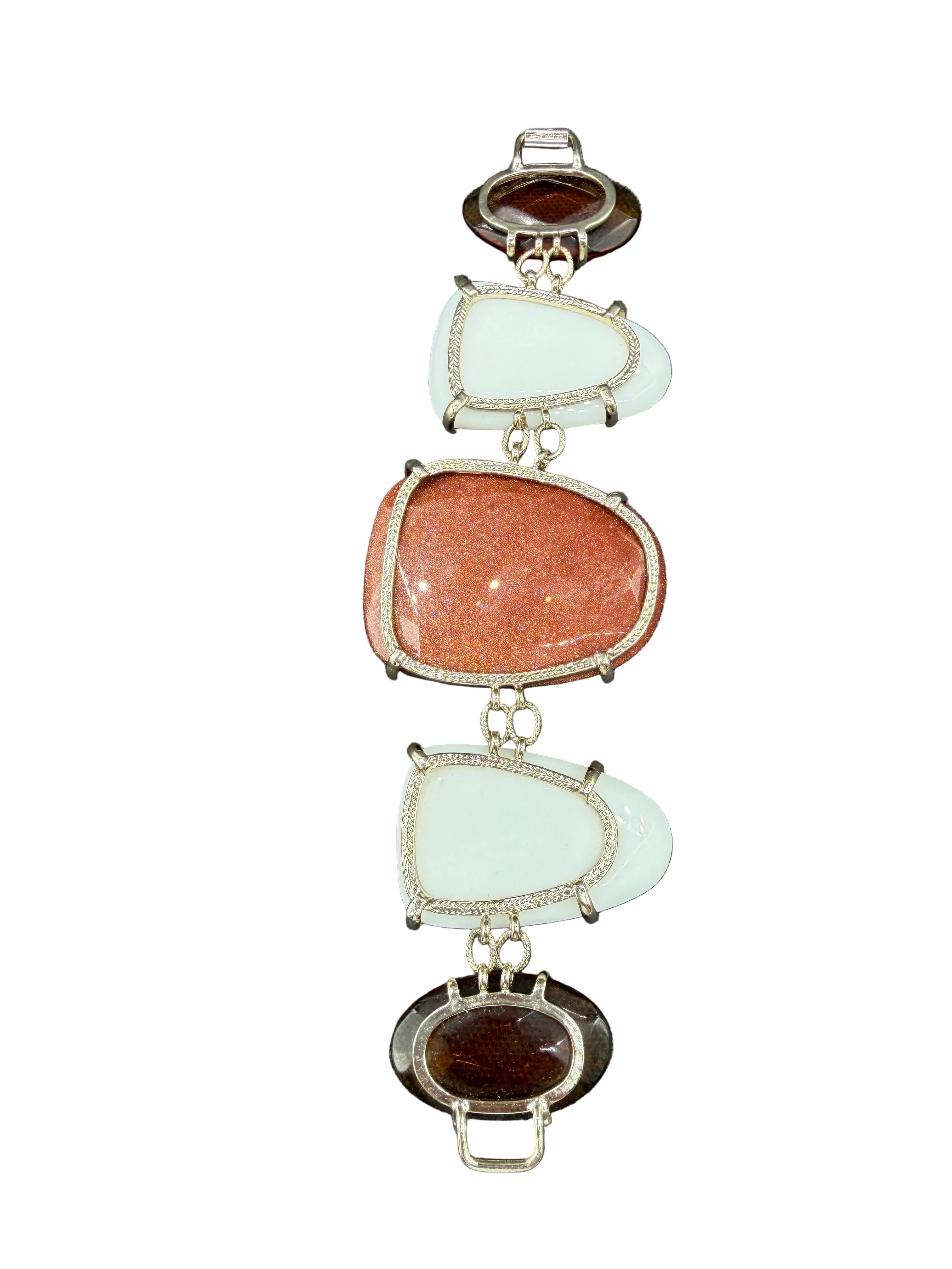 1960s Chunky Link Bracelet with Milk Glass, Amber Glass & Goldstone