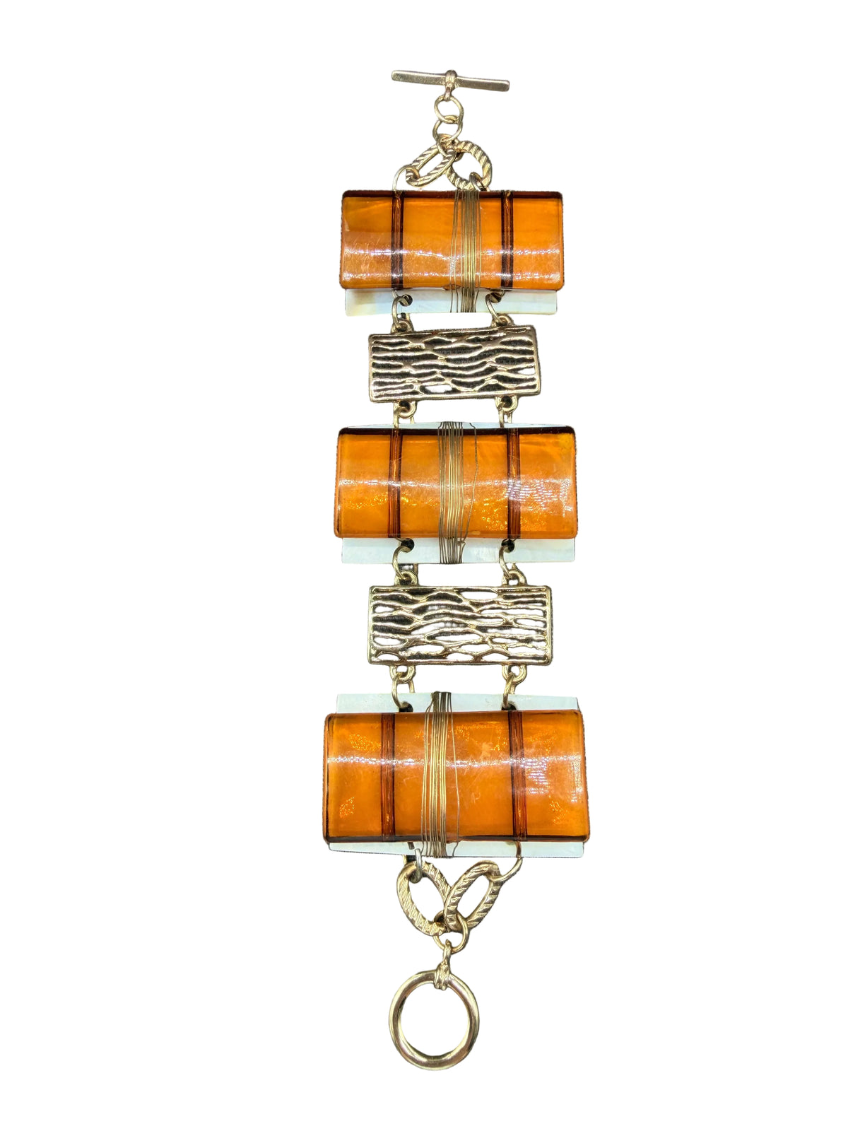 1960s Gold-Tone Link Bracelet with Mother-of-Pearl, Amber Acrylic & Openwork Texture