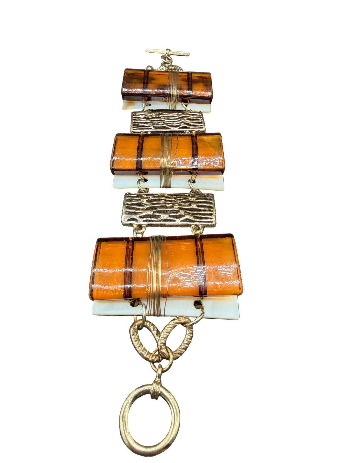 1960s Gold-Tone Link Bracelet with Mother-of-Pearl, Amber Acrylic & Openwork Texture