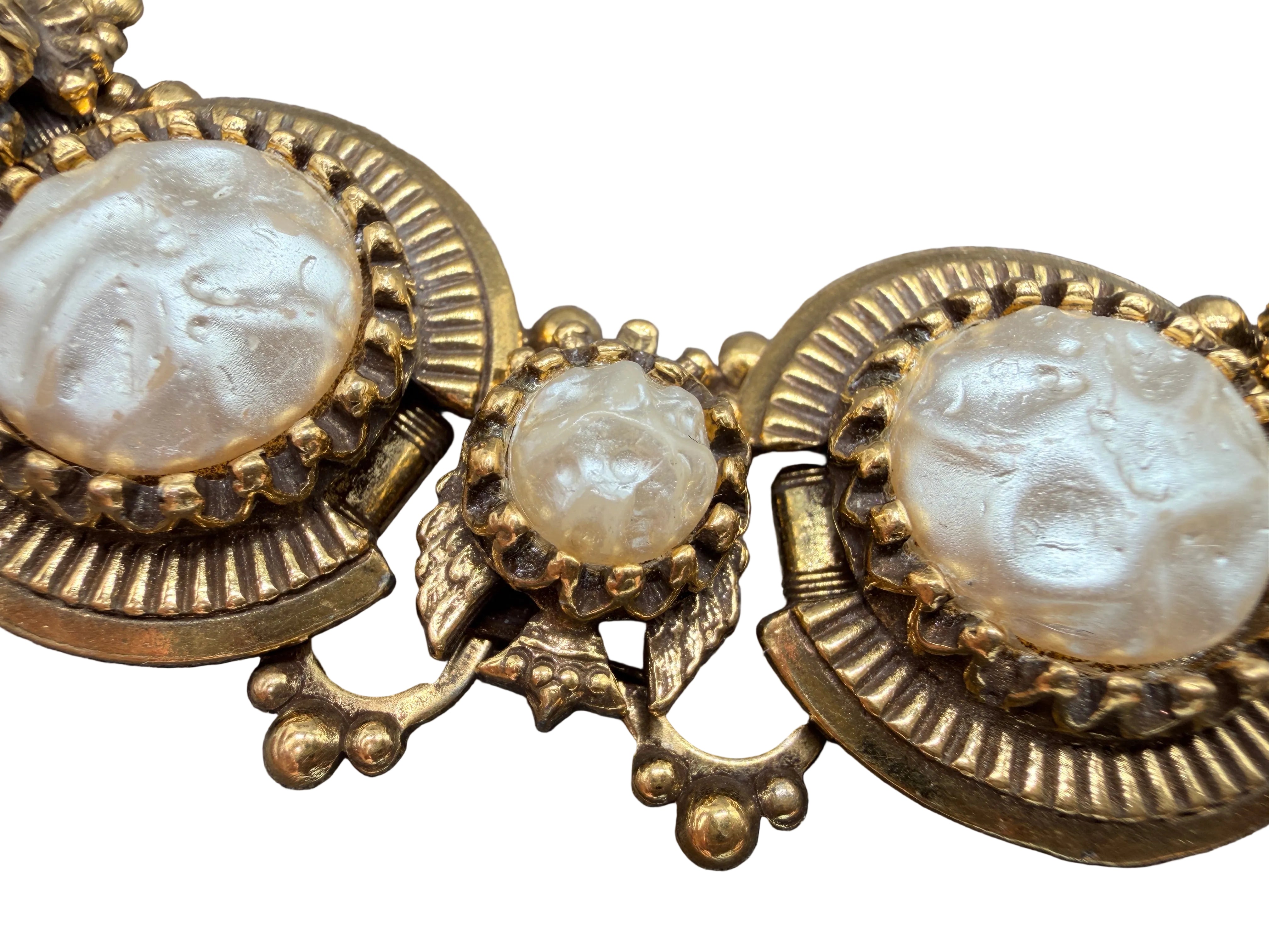 1960s Faux Pearl Victorian Revival Panel Bracelet