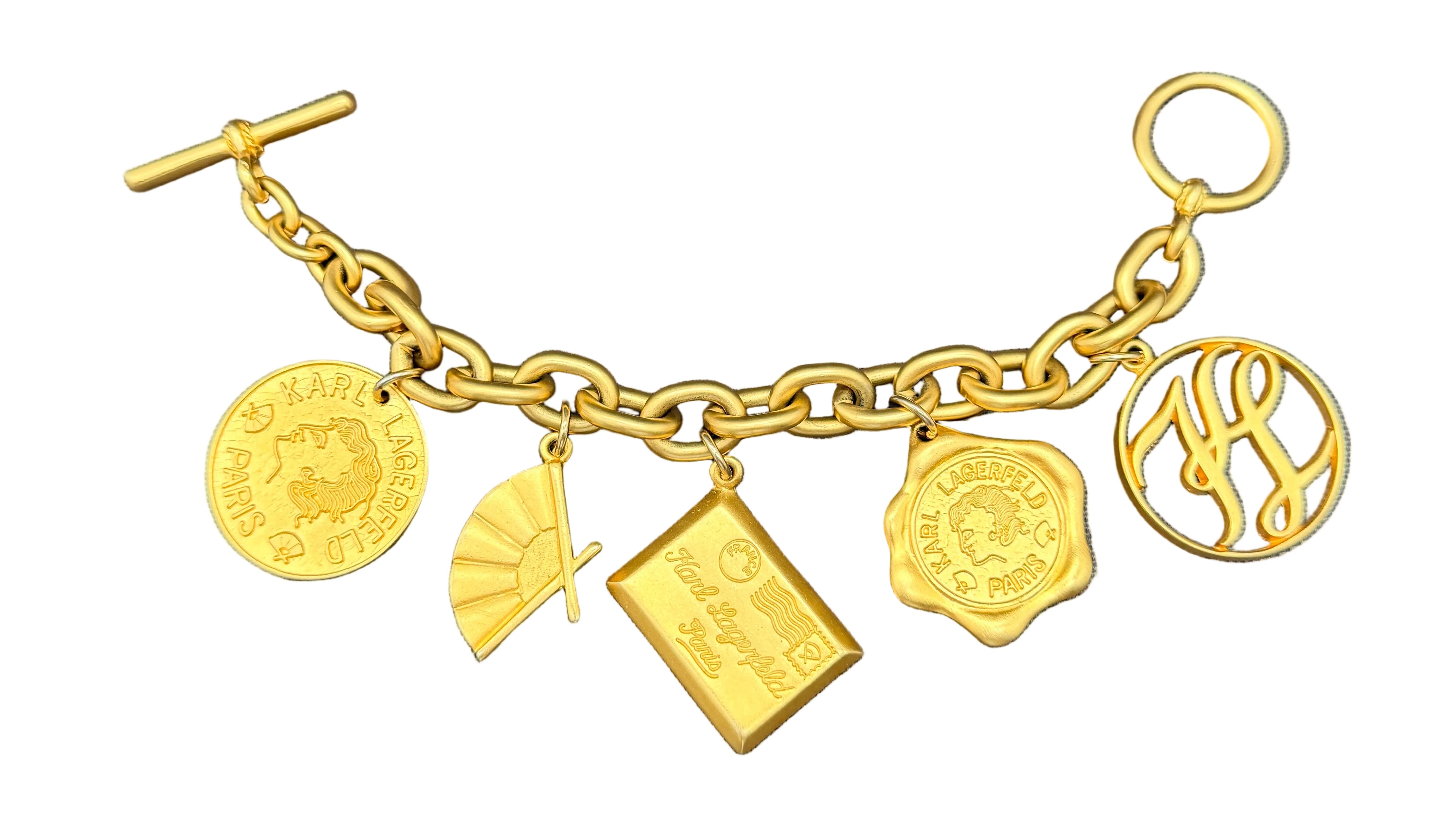 1980s Karl Lagerfeld Matte Gold-Tone Multi-Charm Runway Bracelet