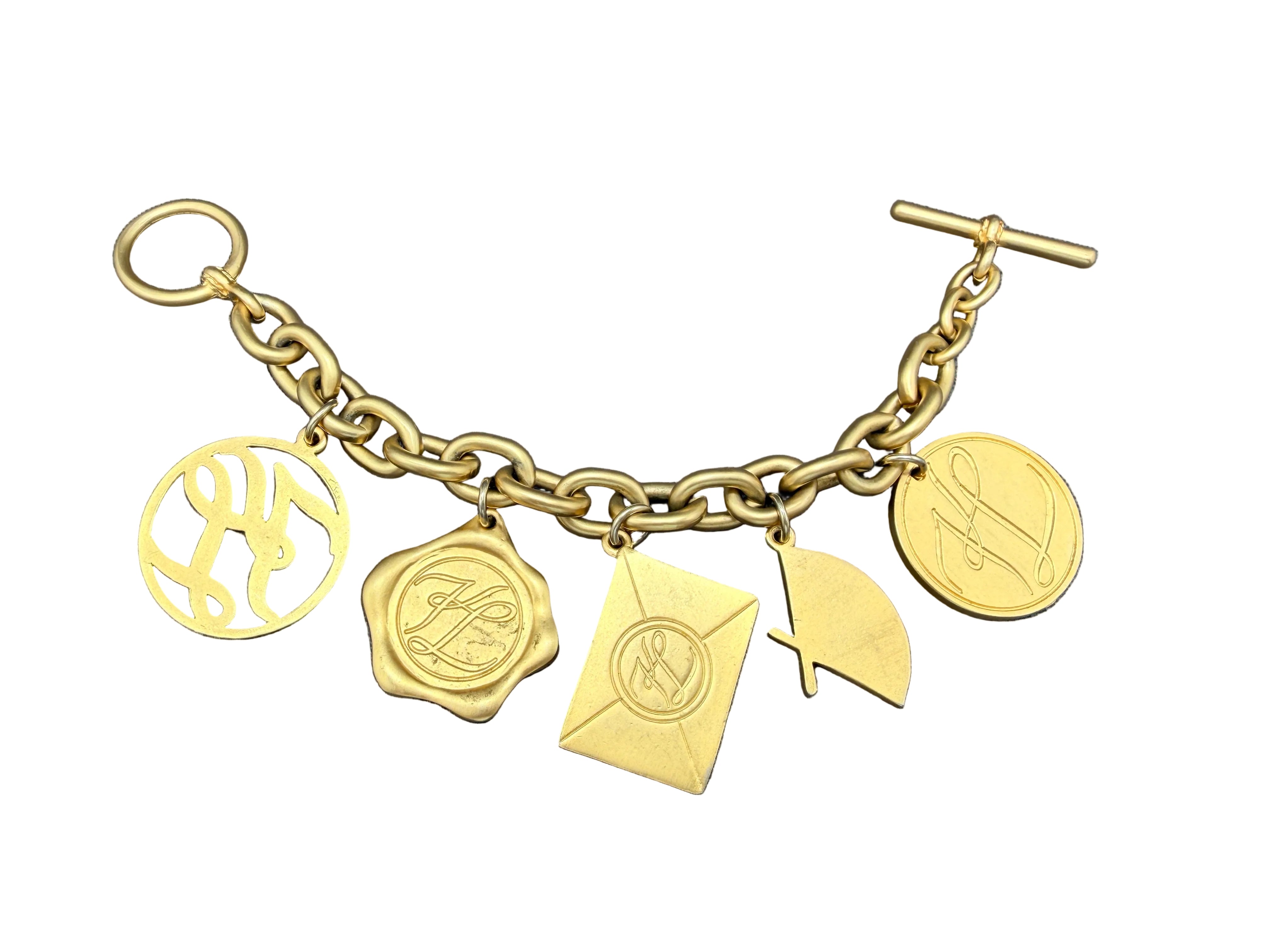 1980s Karl Lagerfeld Matte Gold-Tone Multi-Charm Runway Bracelet