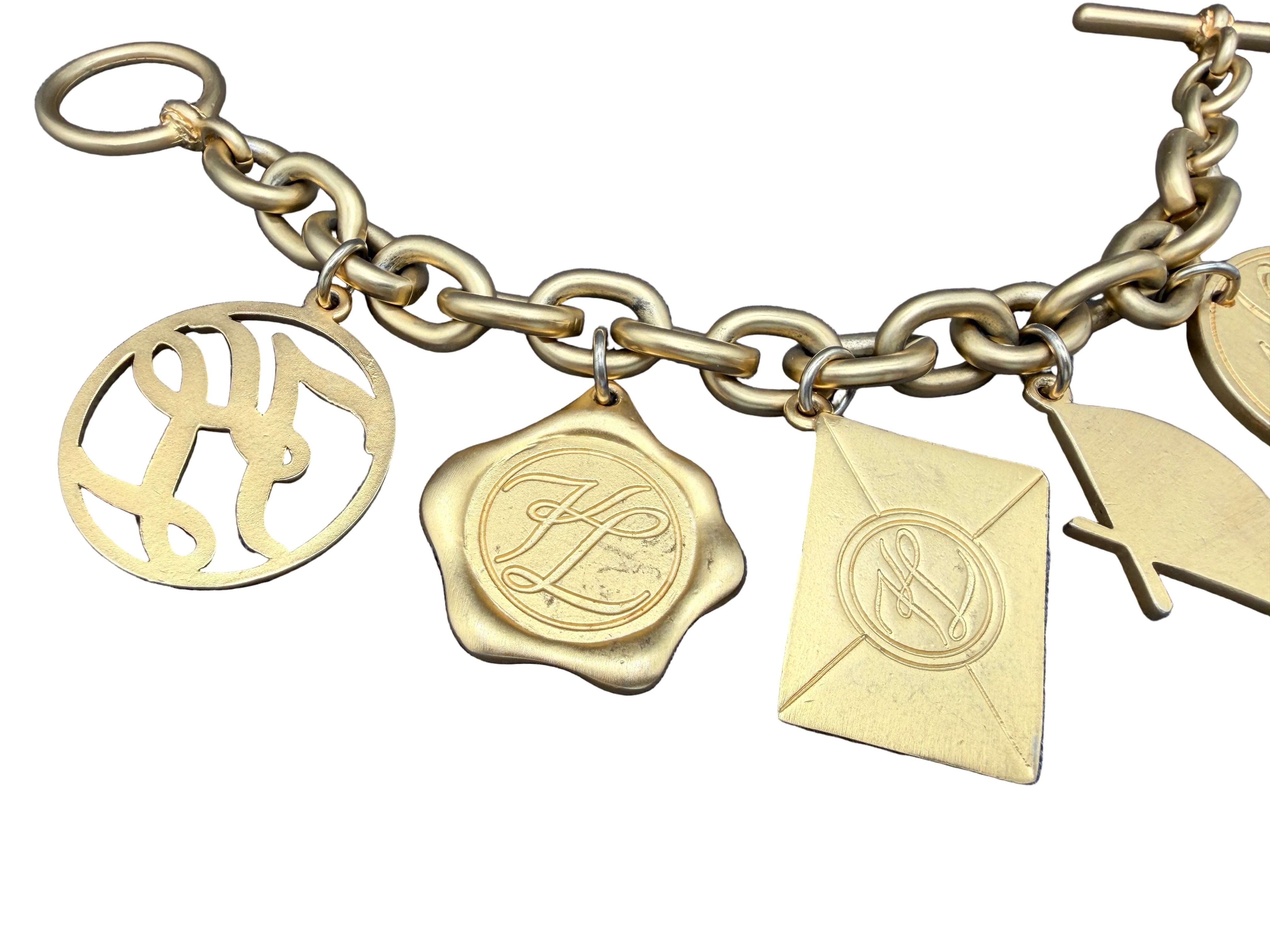1980s Karl Lagerfeld Matte Gold-Tone Multi-Charm Runway Bracelet