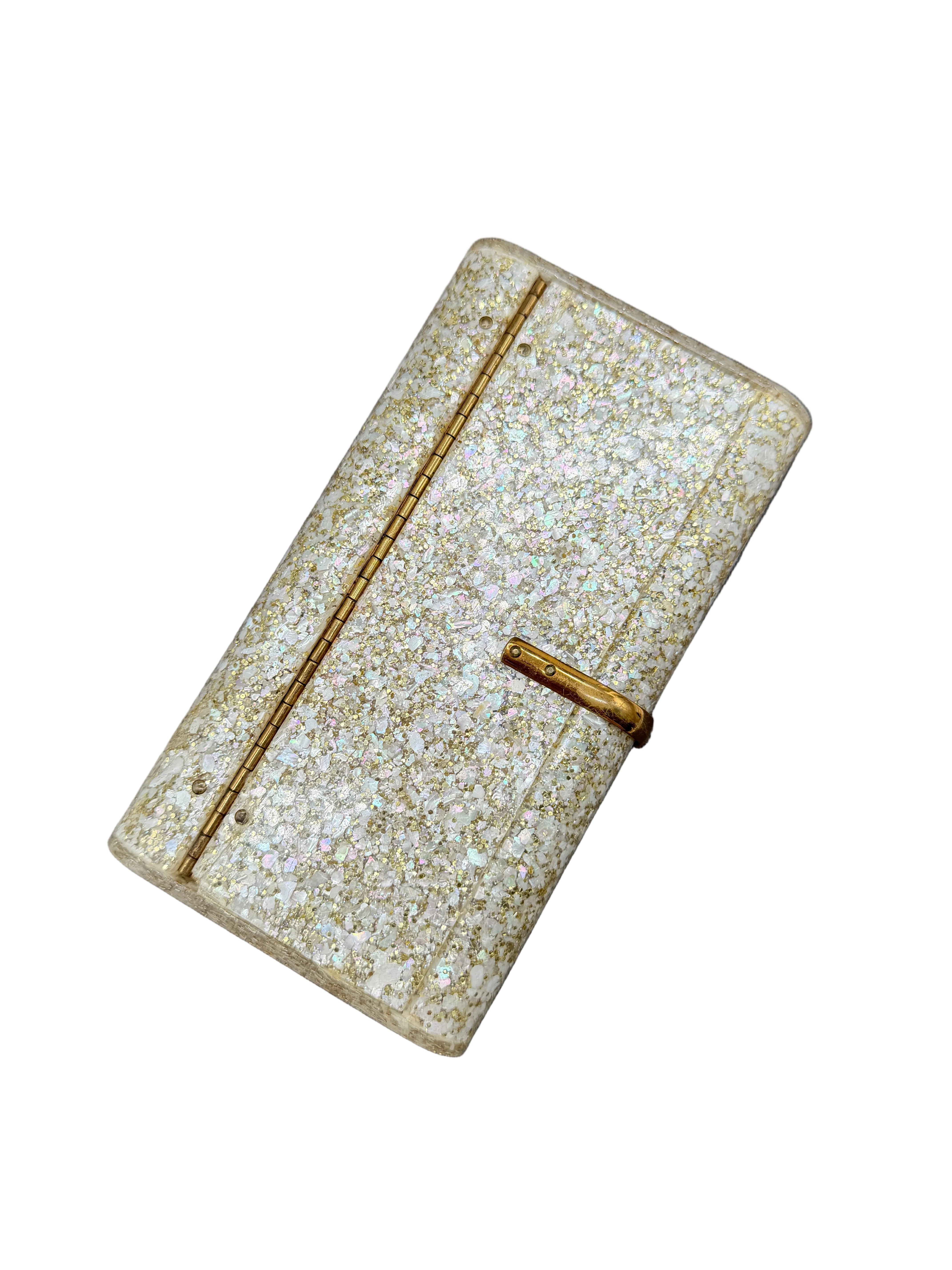 1950s Wilardy Lucite Clutch with Mother-of-Pearl & Gold Glitter, Interior Mirror
