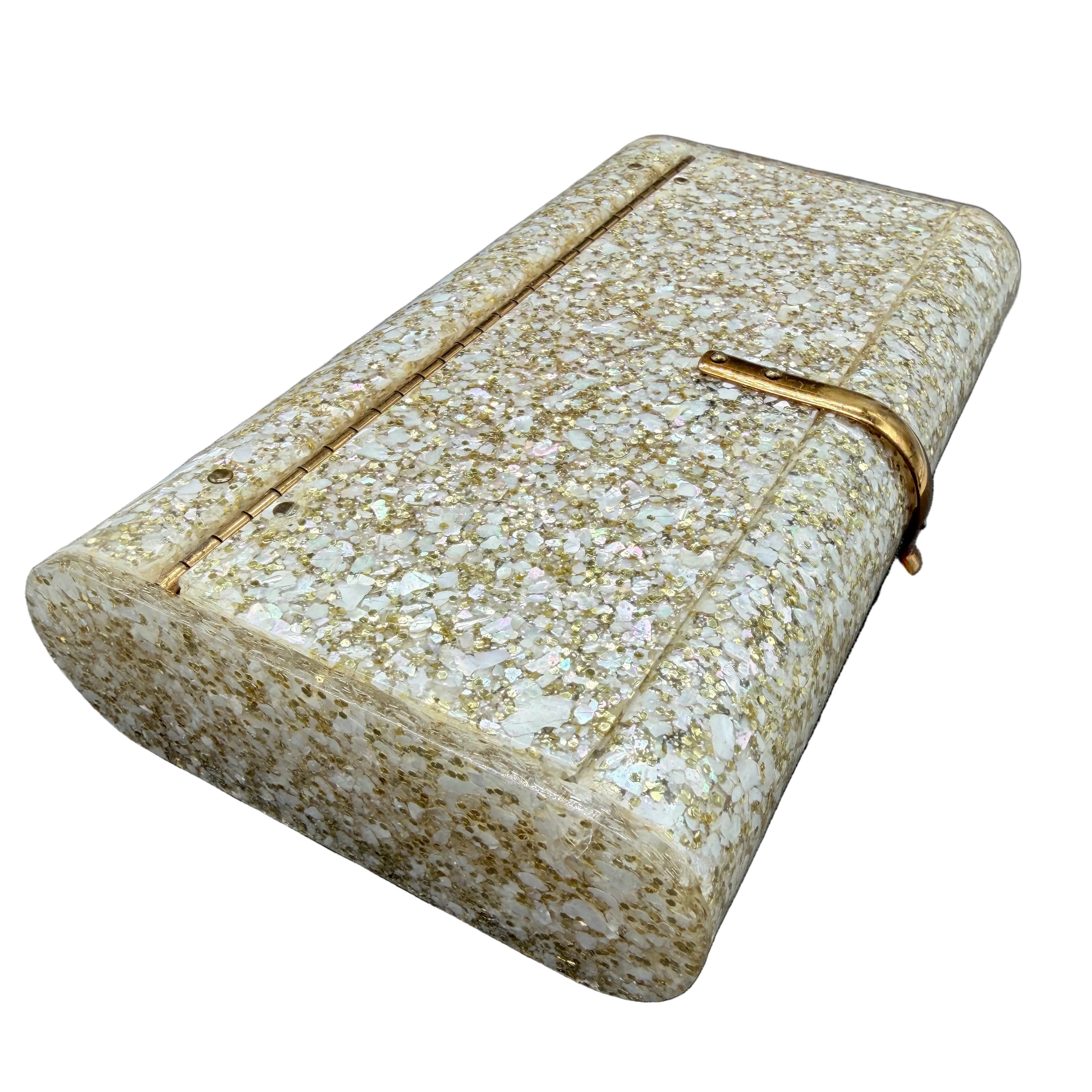 1950s Wilardy Lucite Clutch with Mother-of-Pearl & Gold Glitter, Interior Mirror