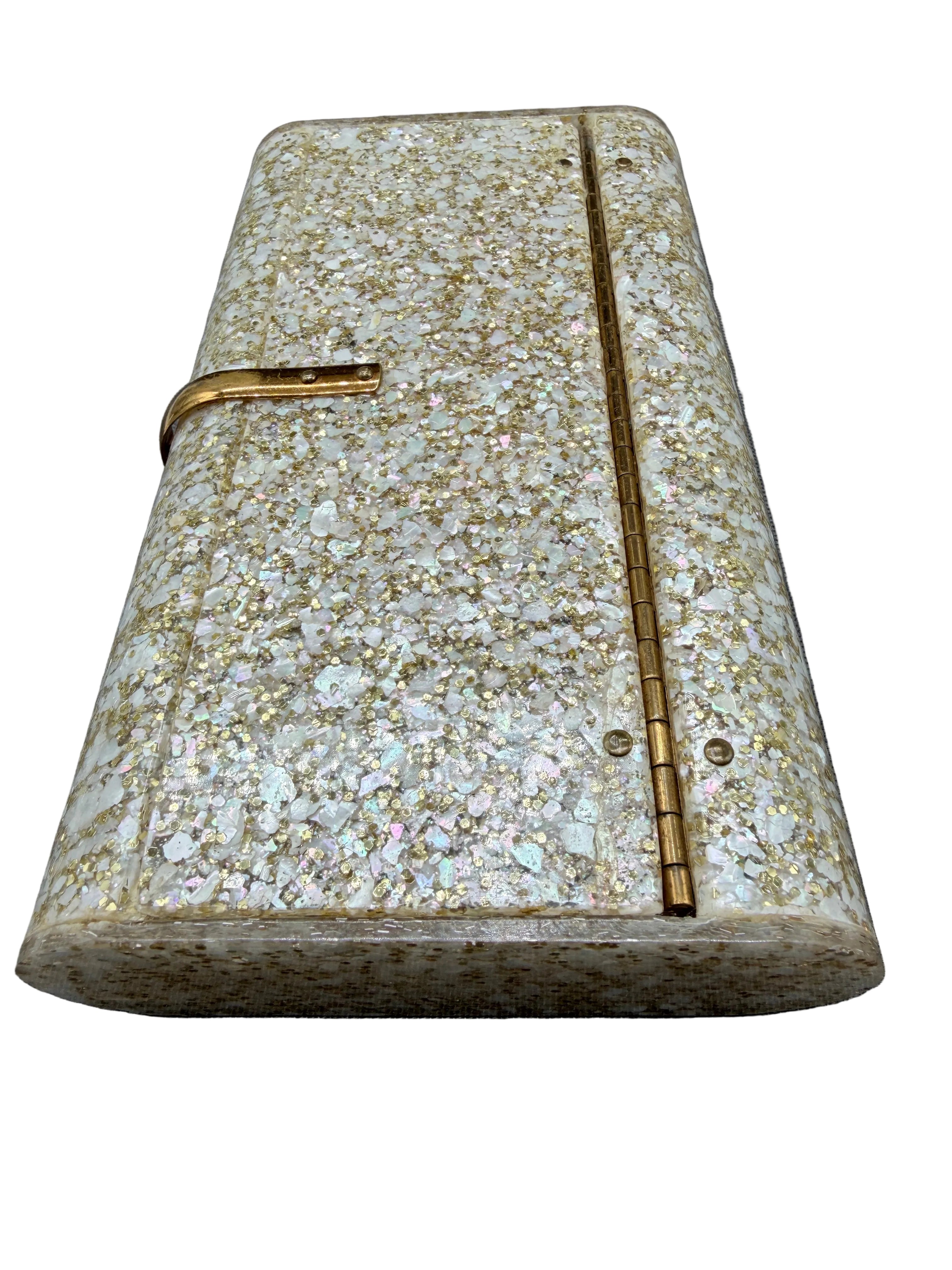 1950s Wilardy Lucite Clutch with Mother-of-Pearl & Gold Glitter, Interior Mirror