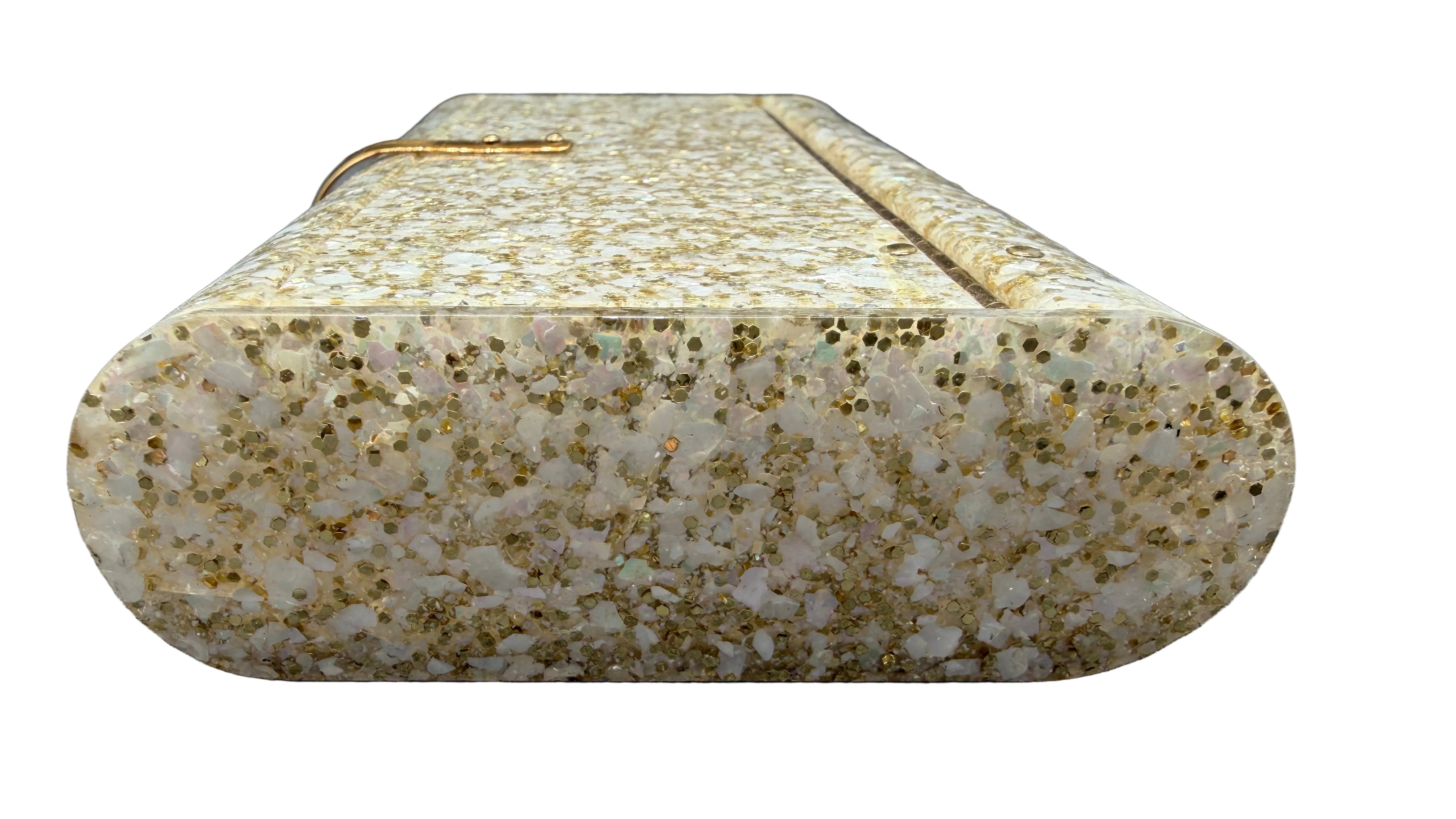 1950s Wilardy Lucite Clutch with Mother-of-Pearl & Gold Glitter, Interior Mirror