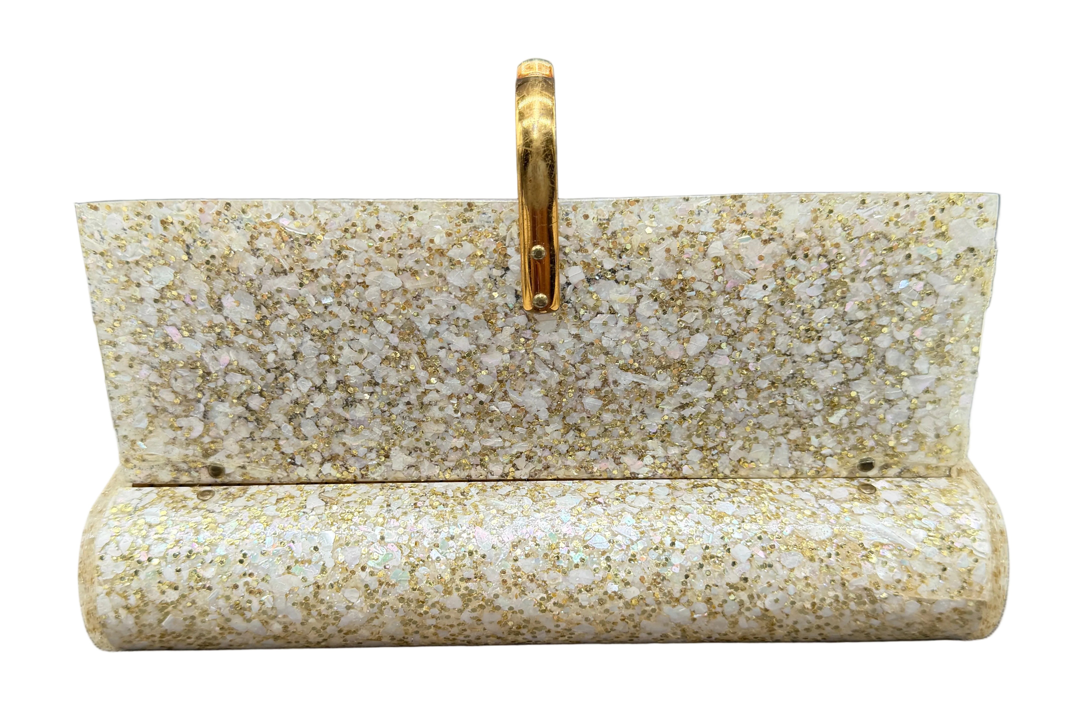 1950s Wilardy Lucite Clutch with Mother-of-Pearl & Gold Glitter, Interior Mirror