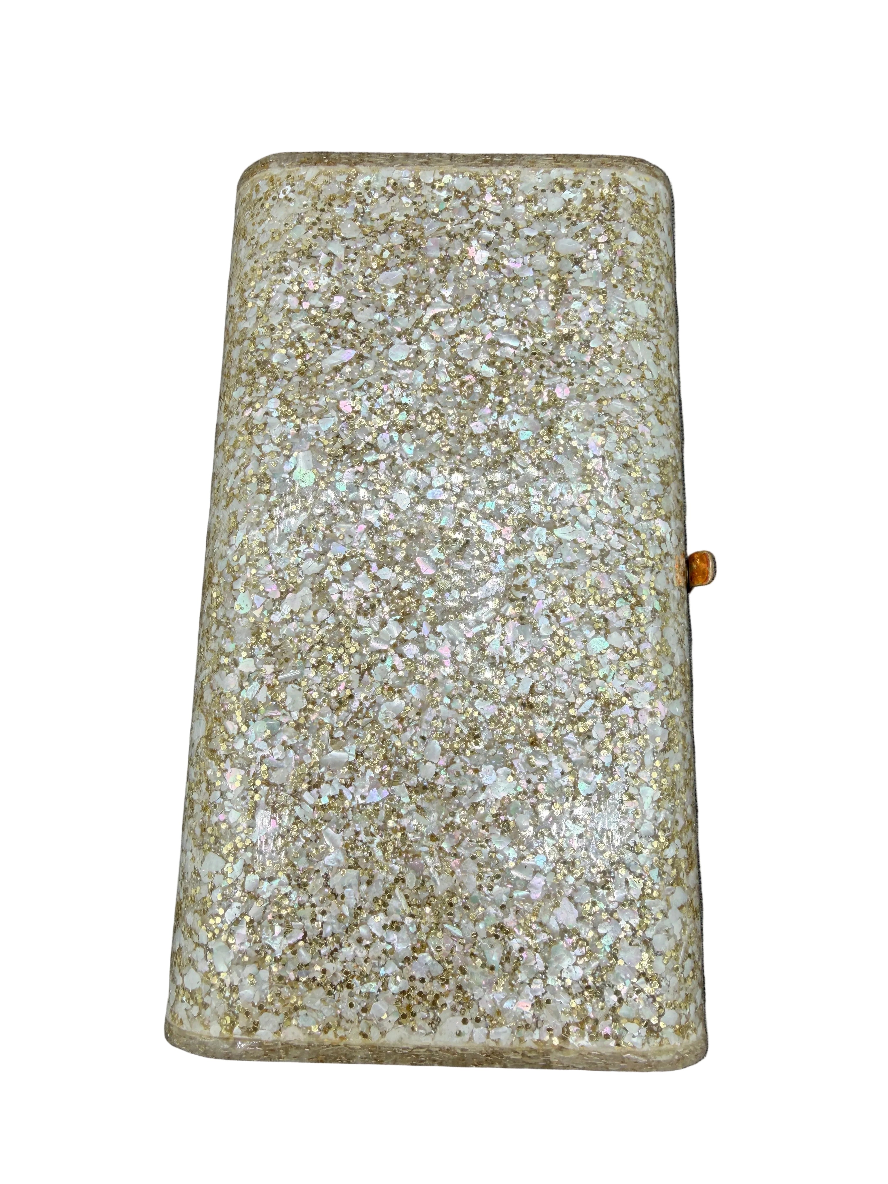 1950s Wilardy Lucite Clutch with Mother-of-Pearl & Gold Glitter, Interior Mirror