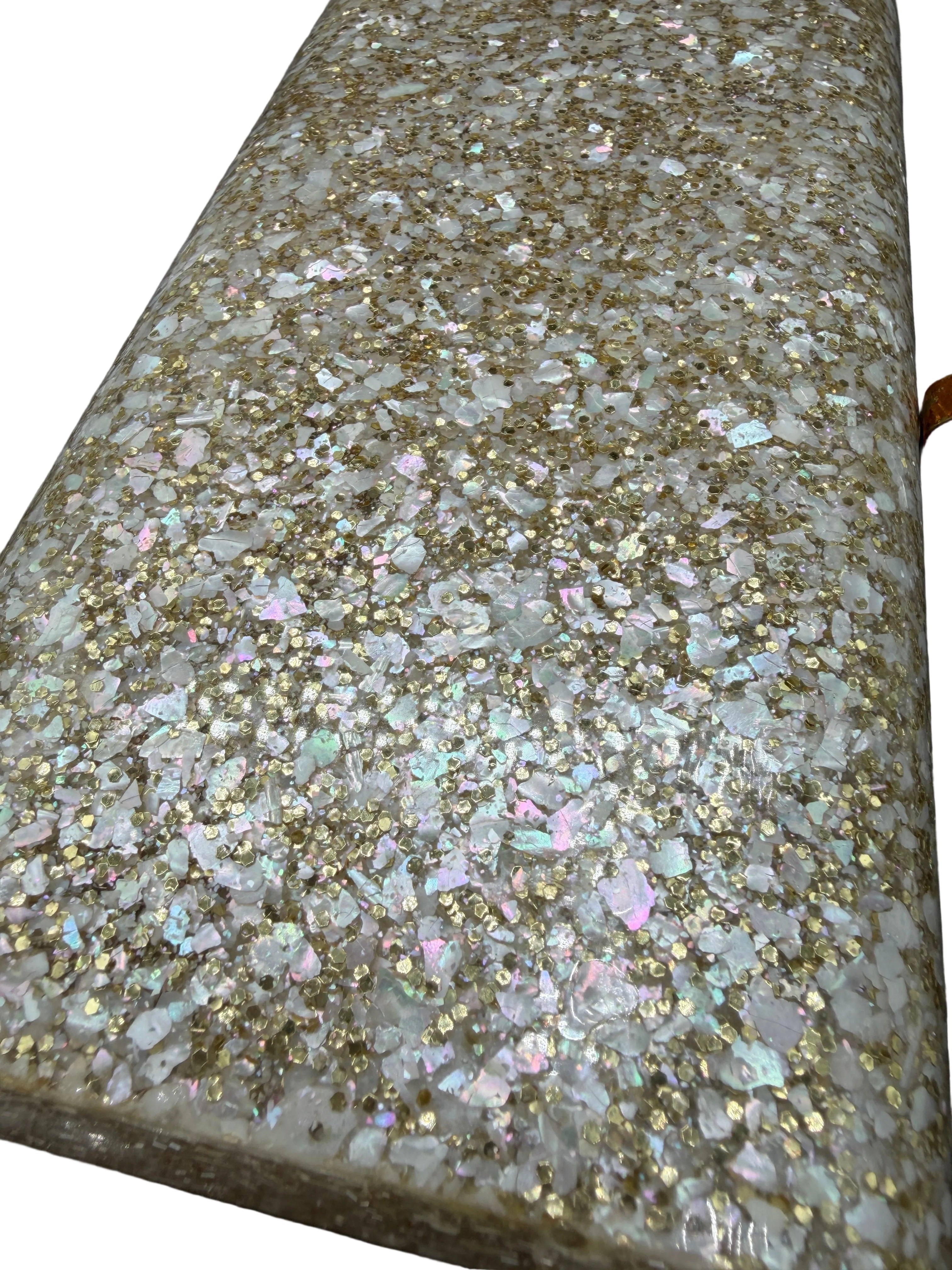 1950s Wilardy Lucite Clutch with Mother-of-Pearl & Gold Glitter, Interior Mirror