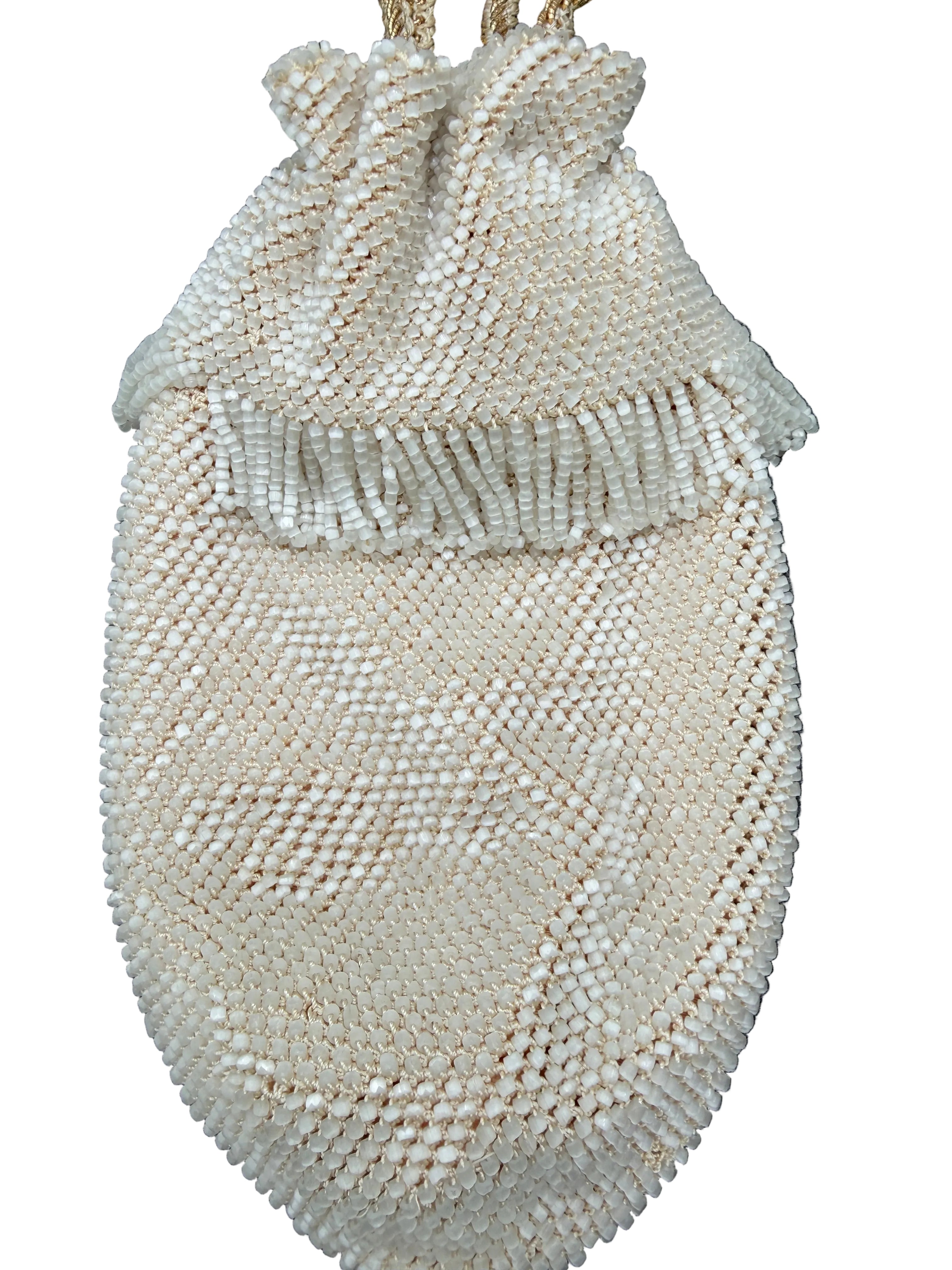 1920s Ivory Glass Beaded Drawstring Pouch Purse with Tassel & Fringe Trim