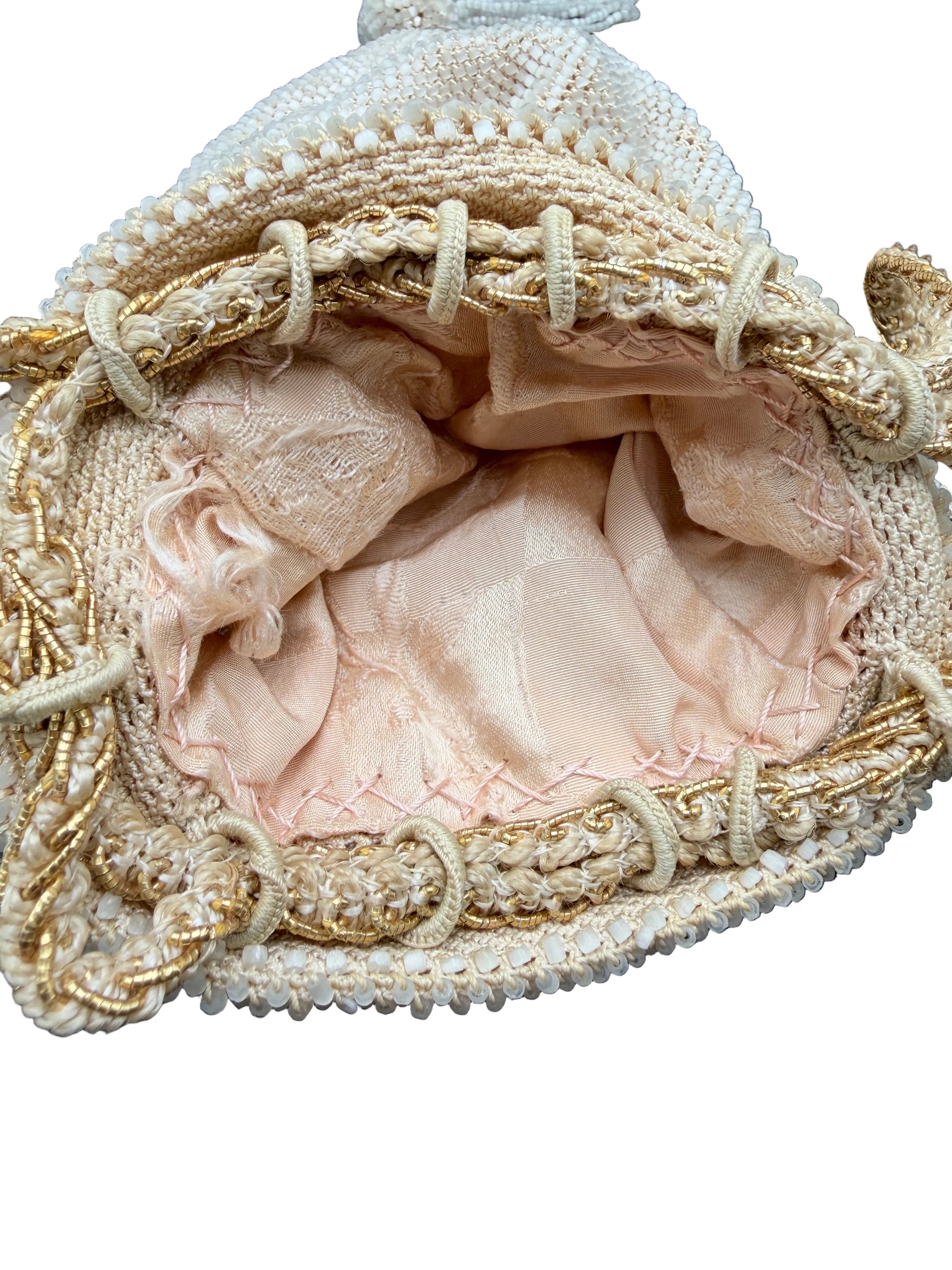 1920s Ivory Glass Beaded Drawstring Pouch Purse with Tassel & Fringe Trim