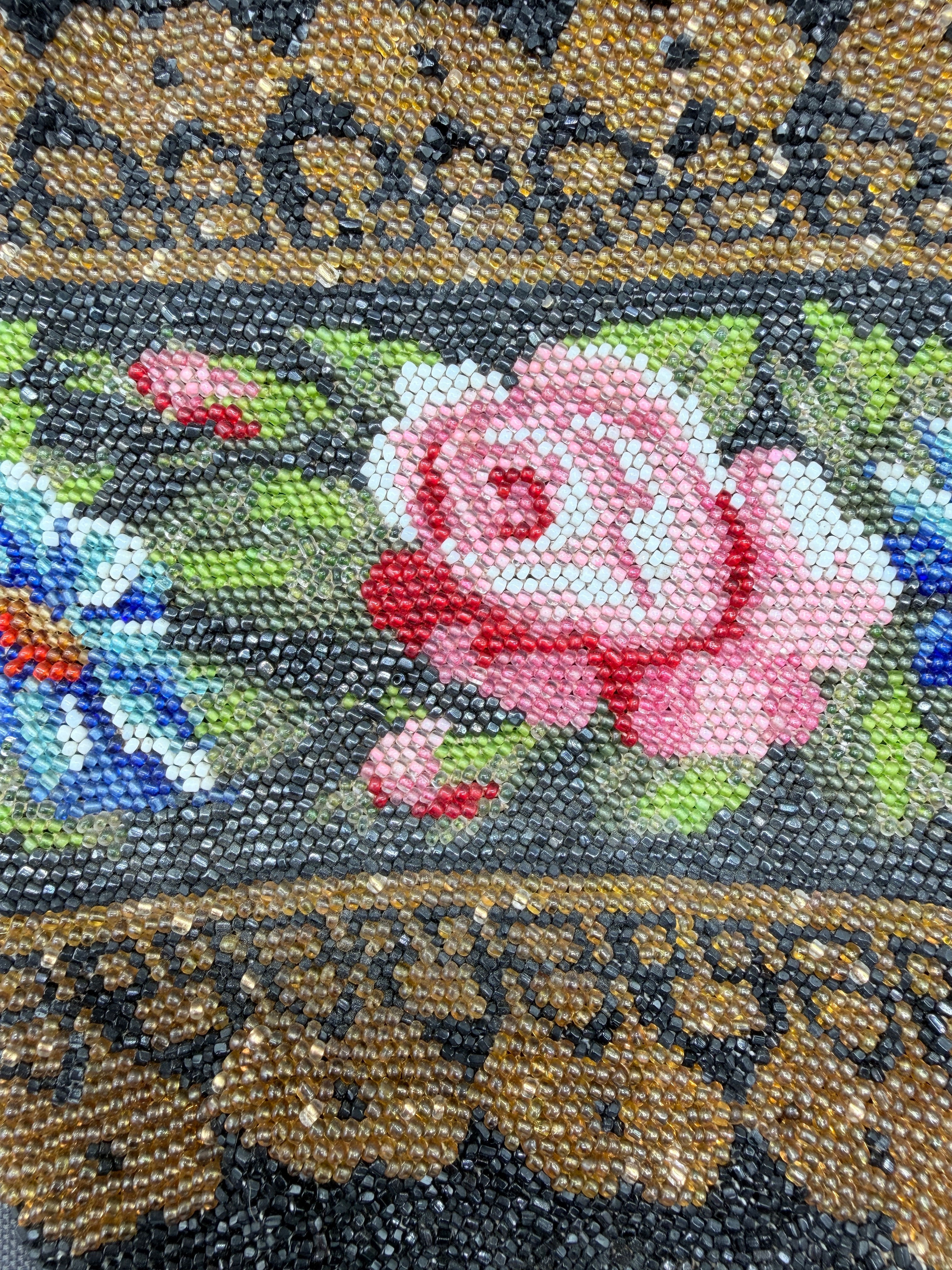 Antique Victorian Hand-Beaded French Crochet Drawstring Pouch Purse with Floral & Gold Design
