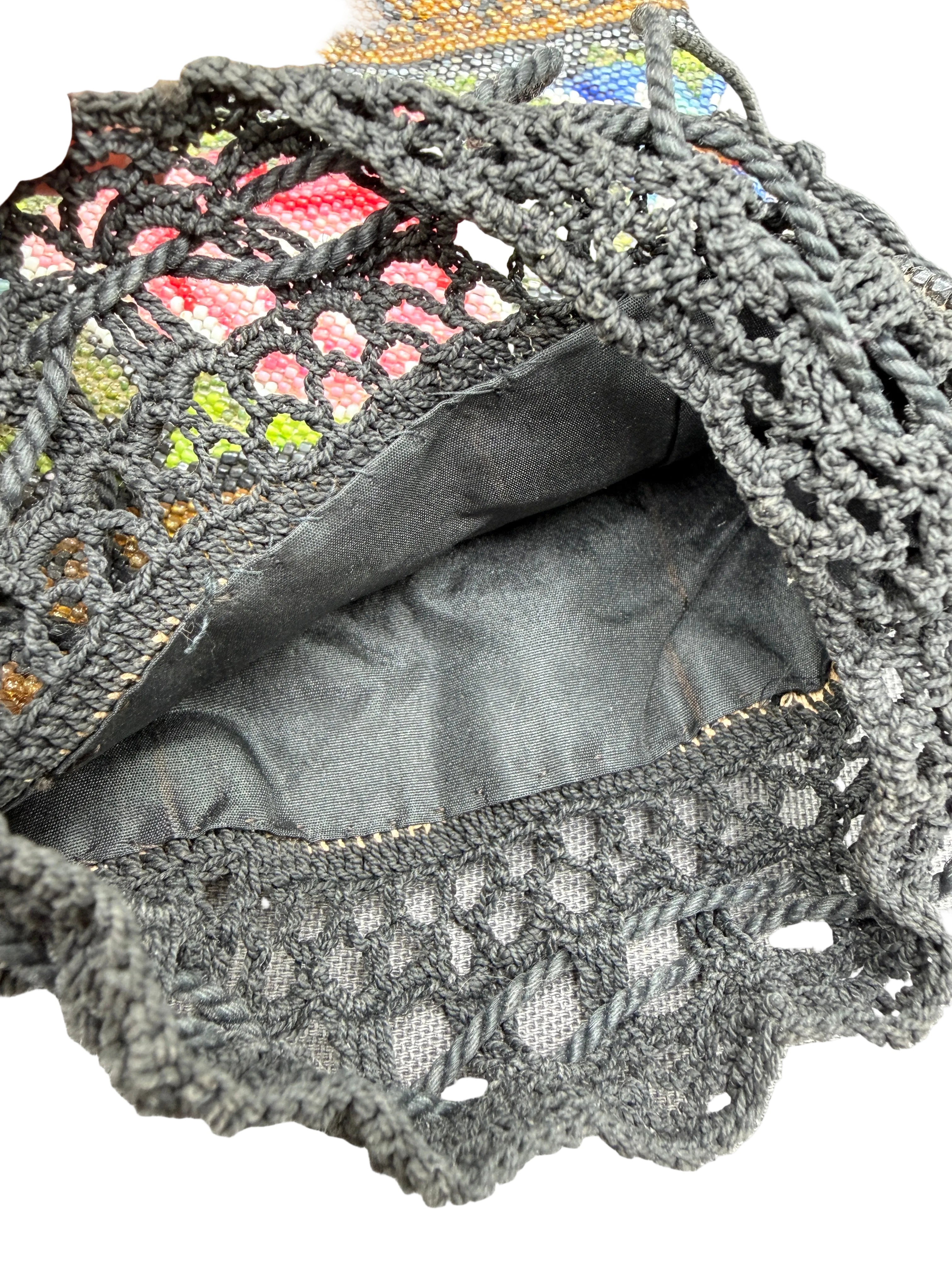 Antique Victorian Hand-Beaded French Crochet Drawstring Pouch Purse with Floral & Gold Design