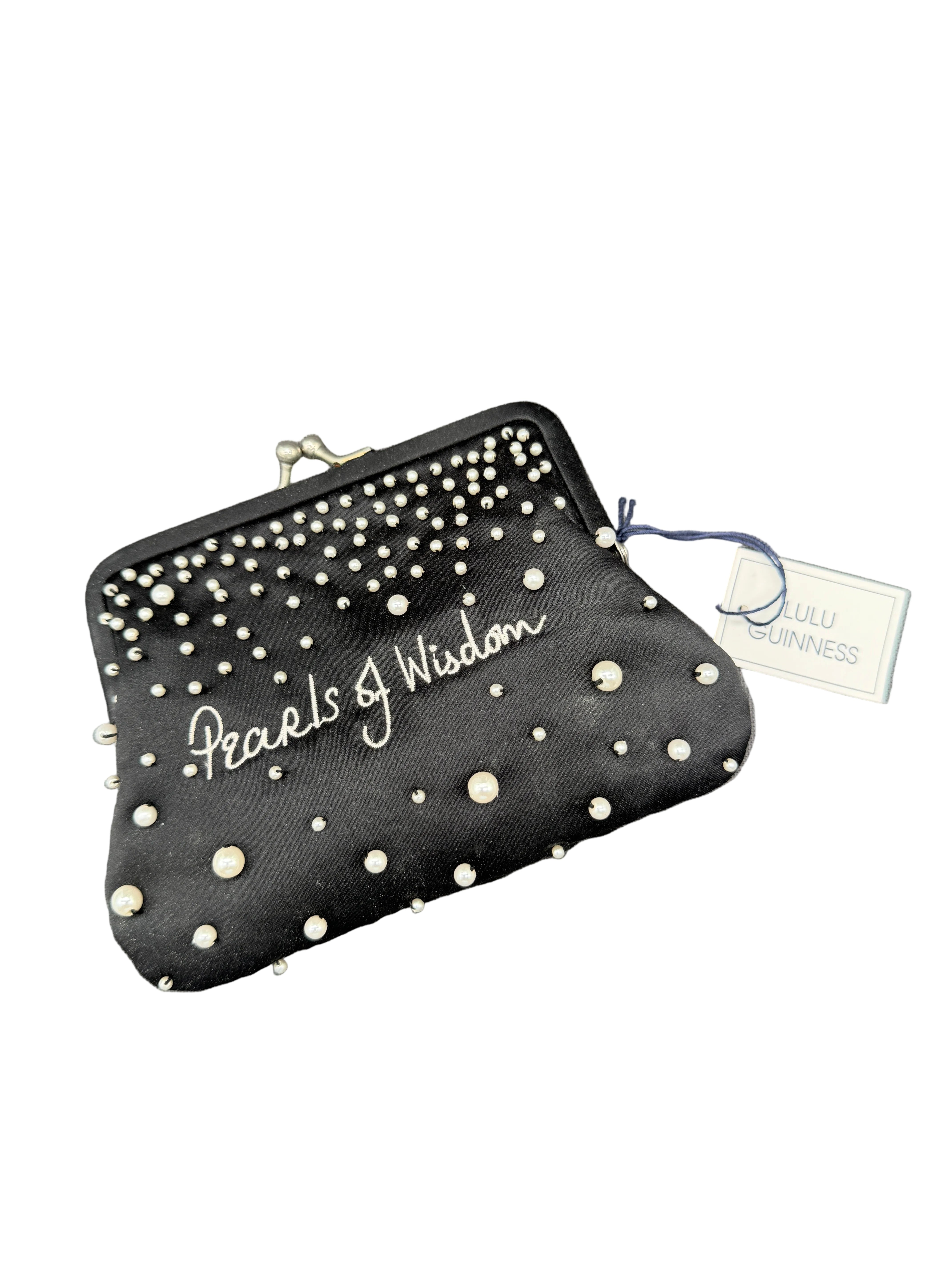 1980s Lulu Guinness “Pearls of Wisdom” Mini Black Satin Purse with Pearl Embellishments