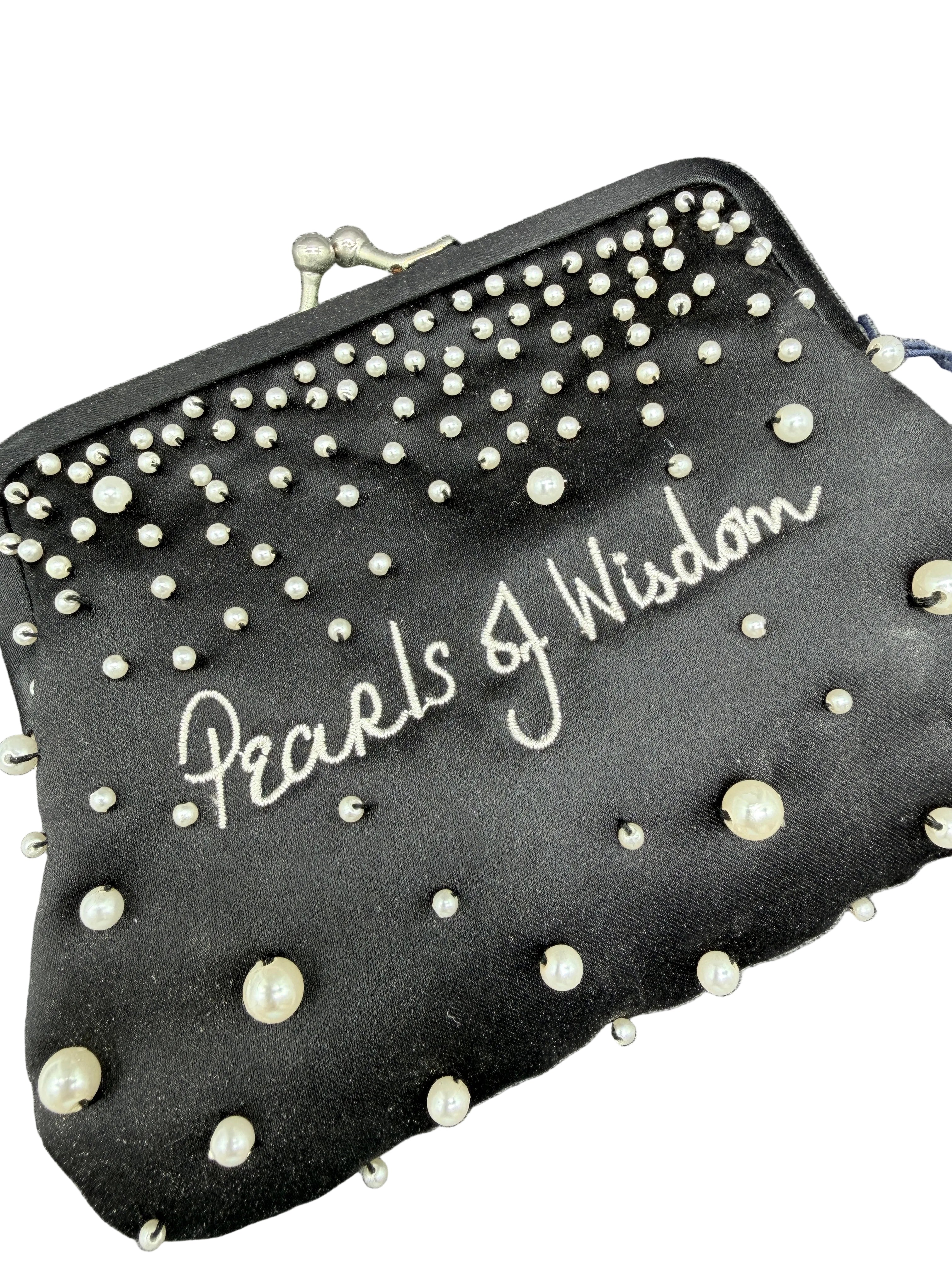 1980s Lulu Guinness “Pearls of Wisdom” Mini Black Satin Purse with Pearl Embellishments