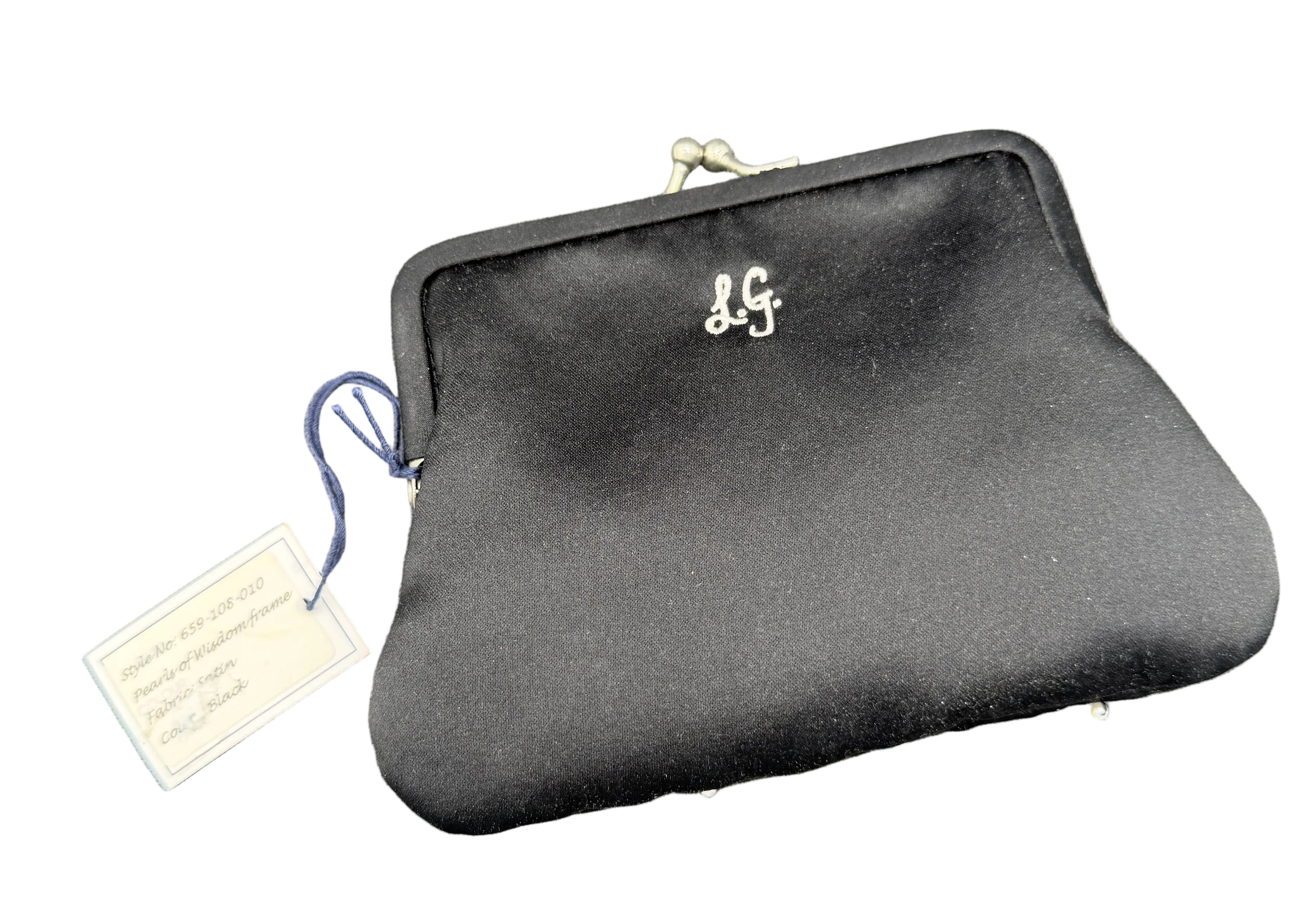 1980s Lulu Guinness “Pearls of Wisdom” Mini Black Satin Purse with Pearl Embellishments