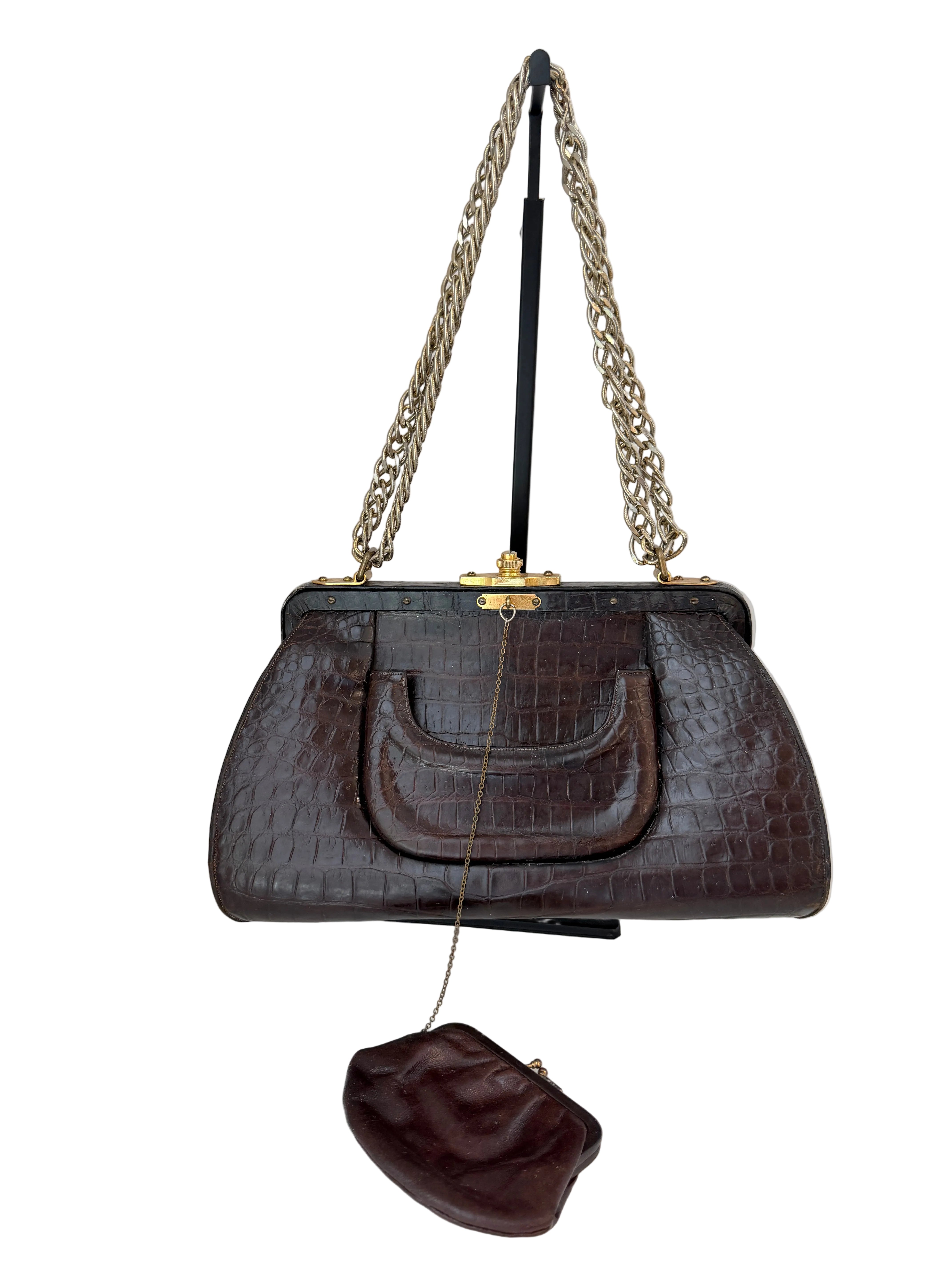 1950s Dorian Brown Crocodile Handbag with Gold Chain Strap & Coin Purse