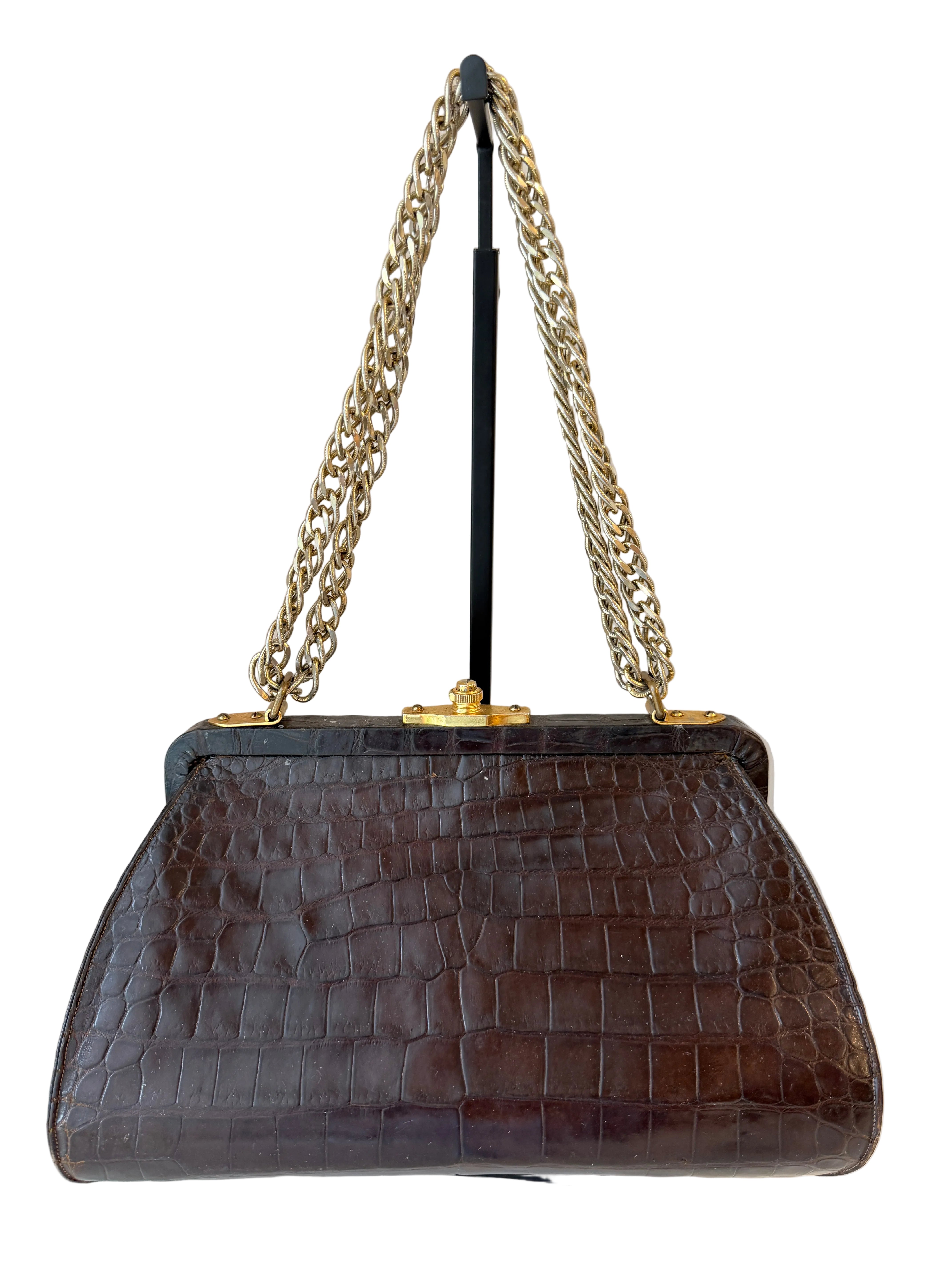 1950s Dorian Brown Crocodile Handbag with Gold Chain Strap & Coin Purse