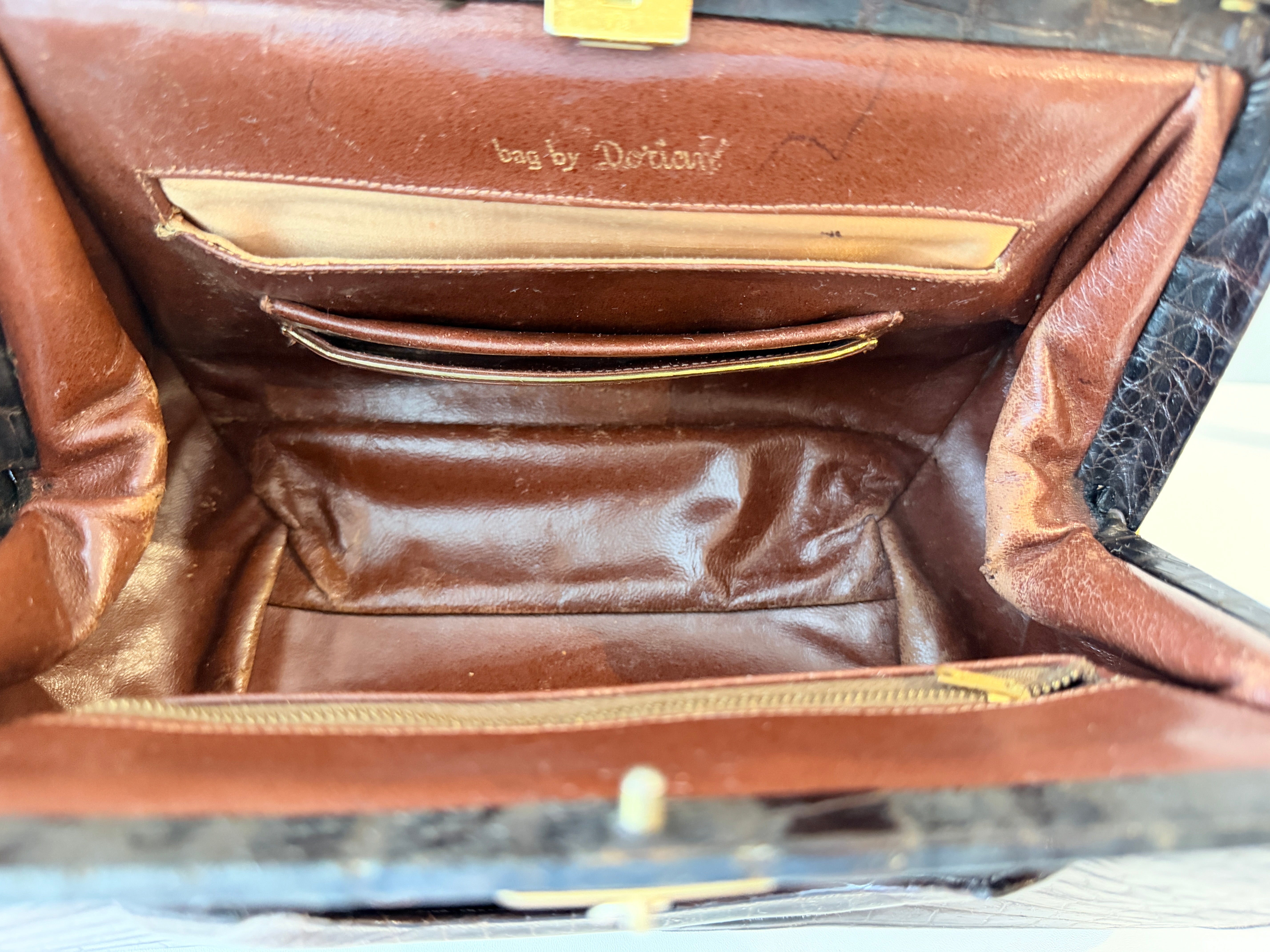 1950s Dorian Brown Crocodile Handbag with Gold Chain Strap & Coin Purse