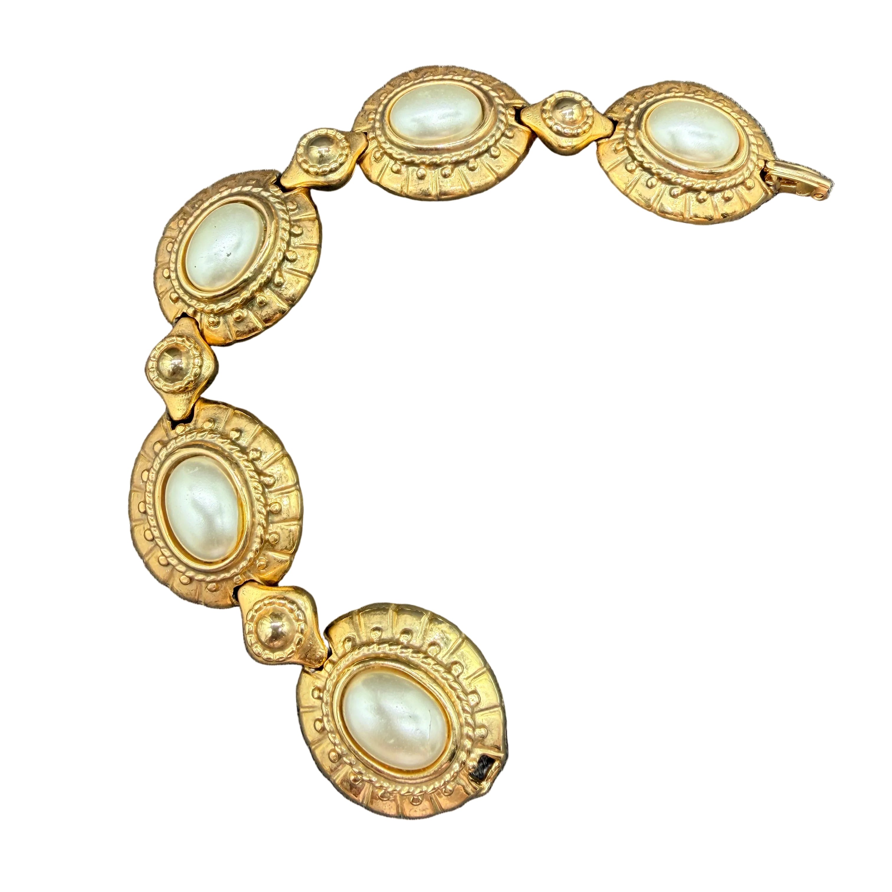 1960s Monet Gold-Tone Victorian Revival Link Bracelet with Faux Pearl Stations