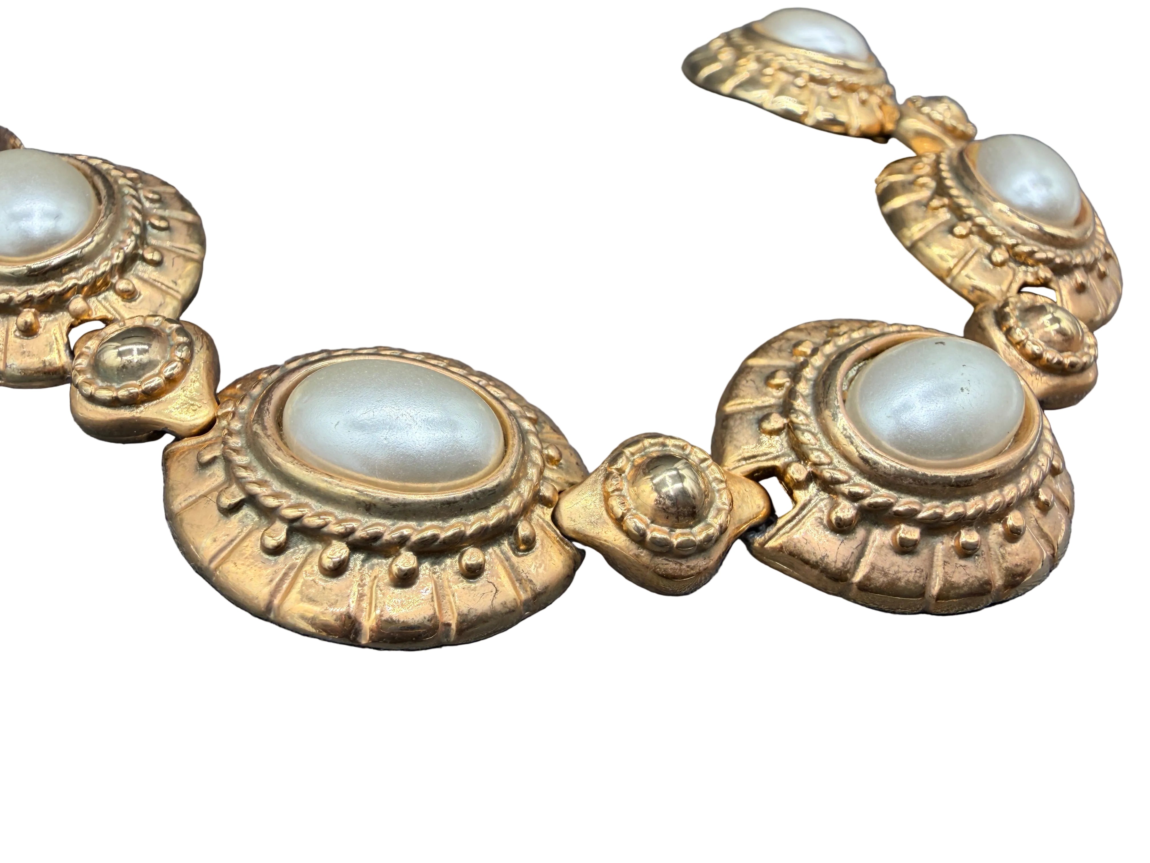 1960s Monet Gold-Tone Victorian Revival Link Bracelet with Faux Pearl Stations