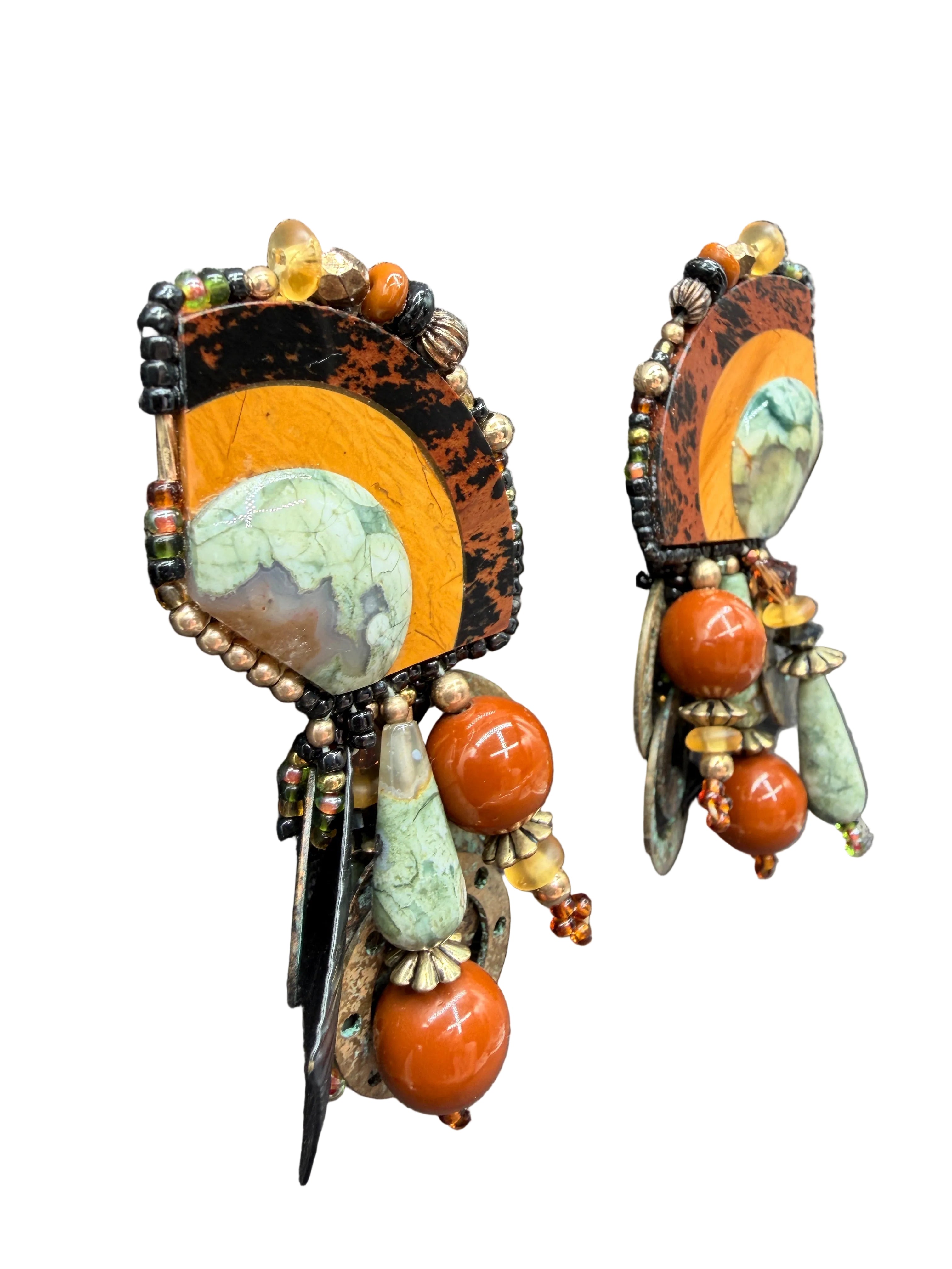 1980s Chipita Natural Stone Dangle Earrings with Rainforest Rhyolite, Mahogany Obsidian &amp; Agate