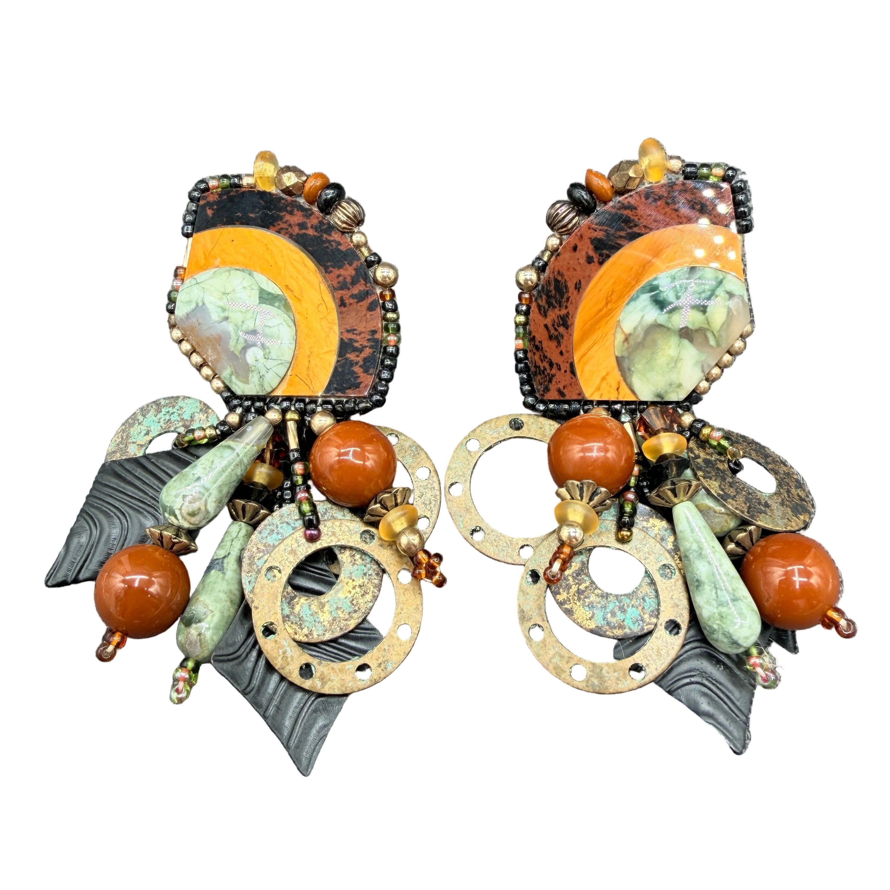 1980s Chipita Natural Stone Dangle Earrings with Rainforest Rhyolite, Mahogany Obsidian &amp; Agate