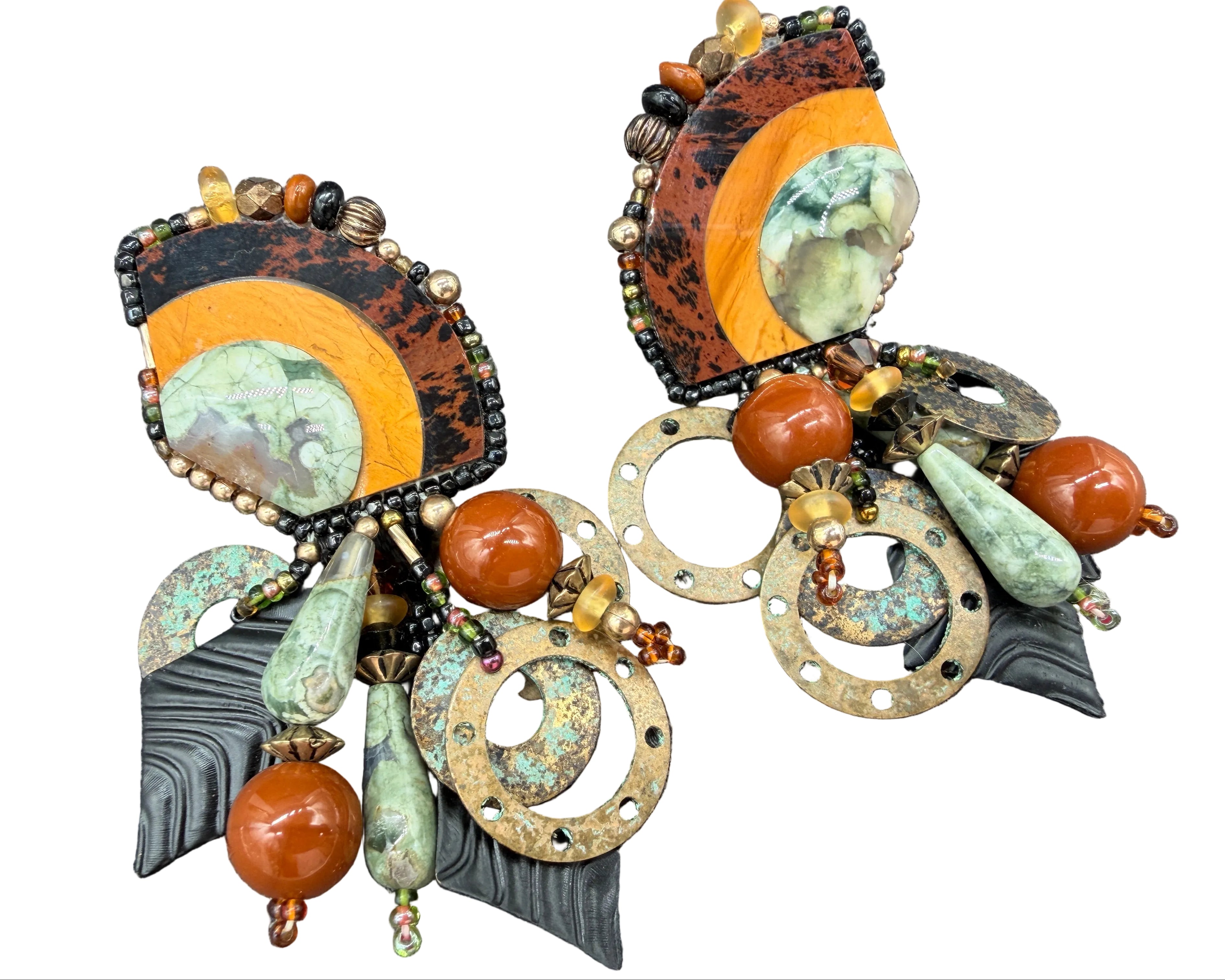 1980s Chipita Natural Stone Dangle Earrings with Rainforest Rhyolite, Mahogany Obsidian &amp; Agate