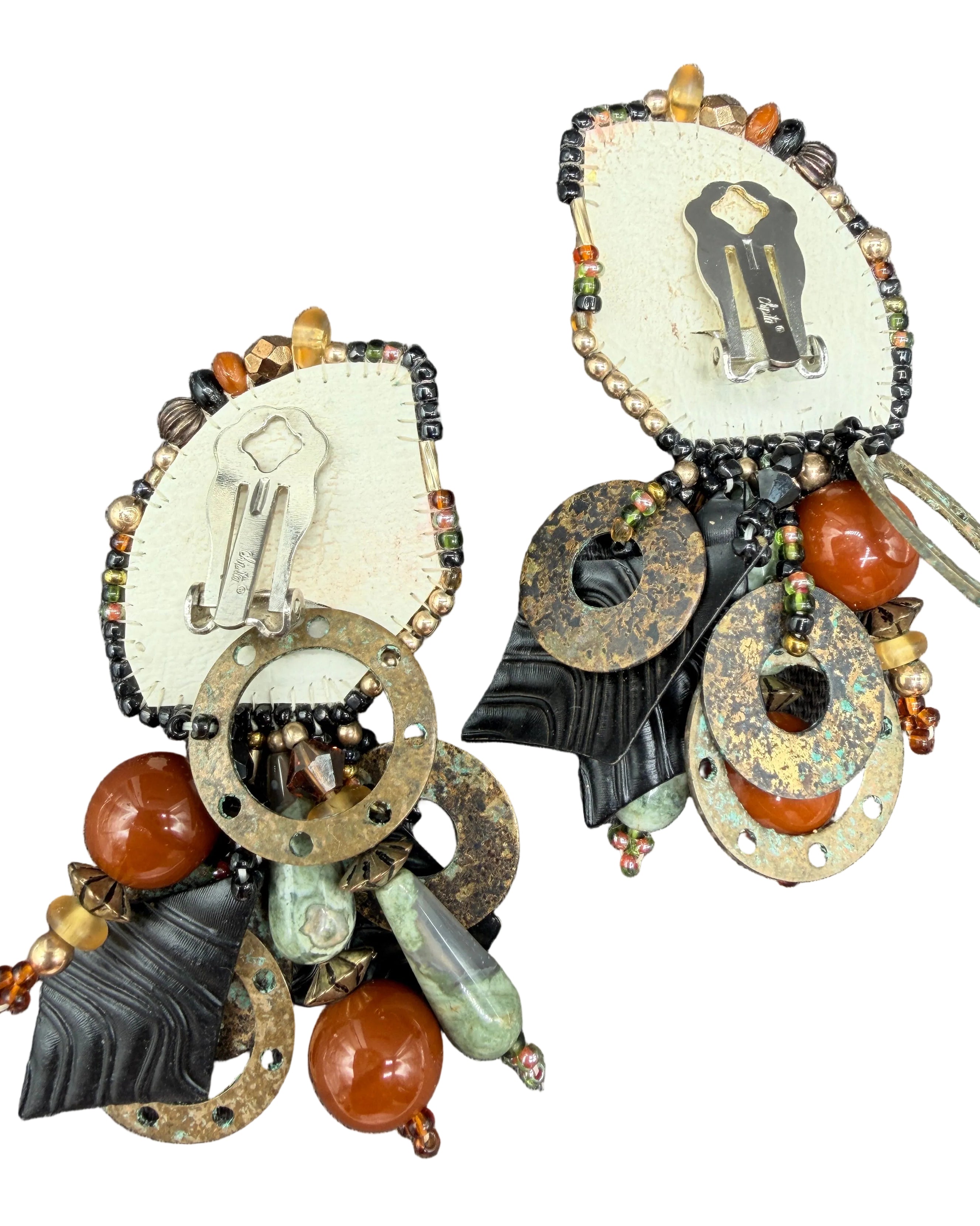1980s Chipita Natural Stone Dangle Earrings with Rainforest Rhyolite, Mahogany Obsidian &amp; Agate