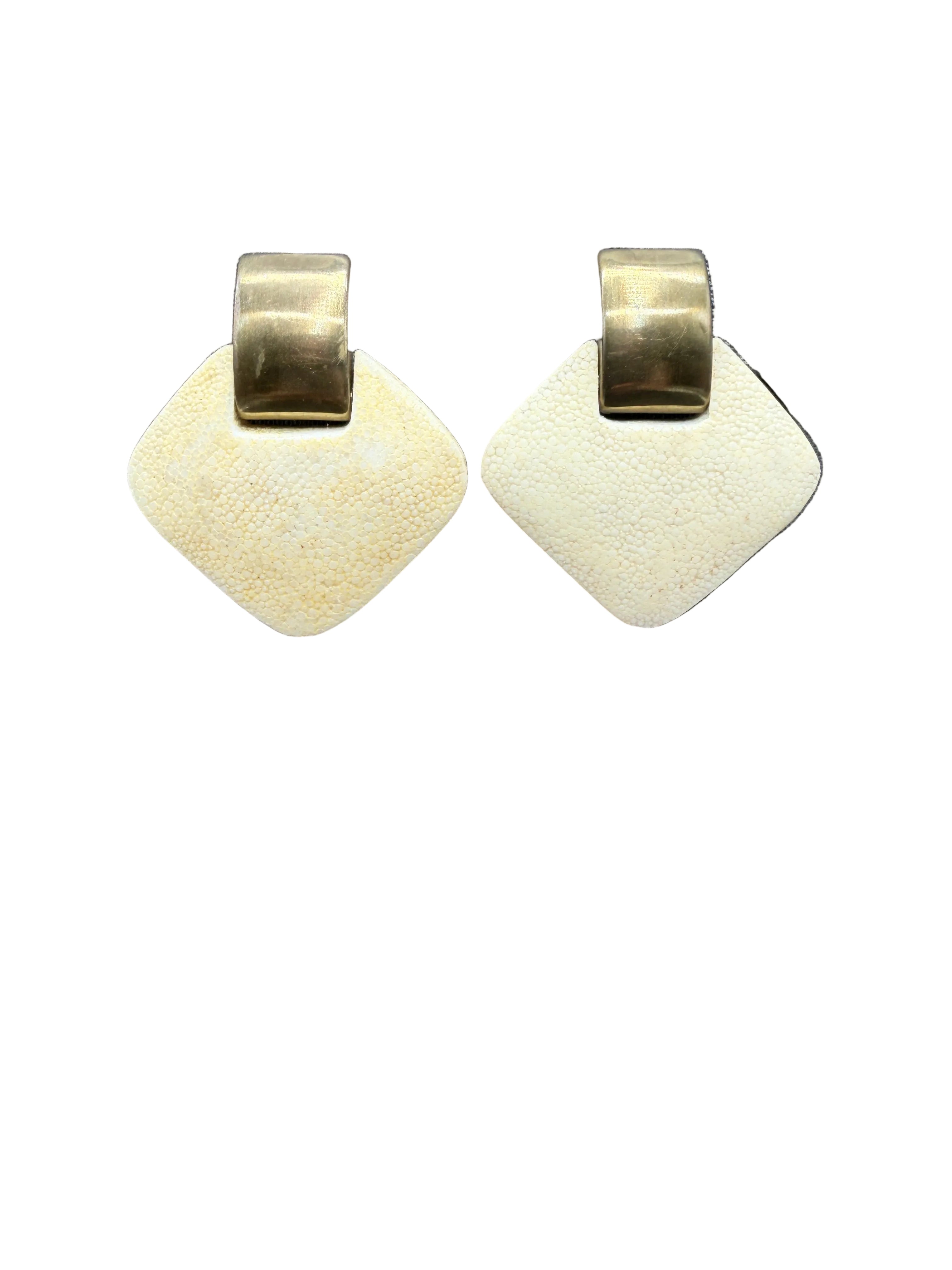 1980s Genuine Shagreen Statement Clip Earrings with Brass-Tone Clips