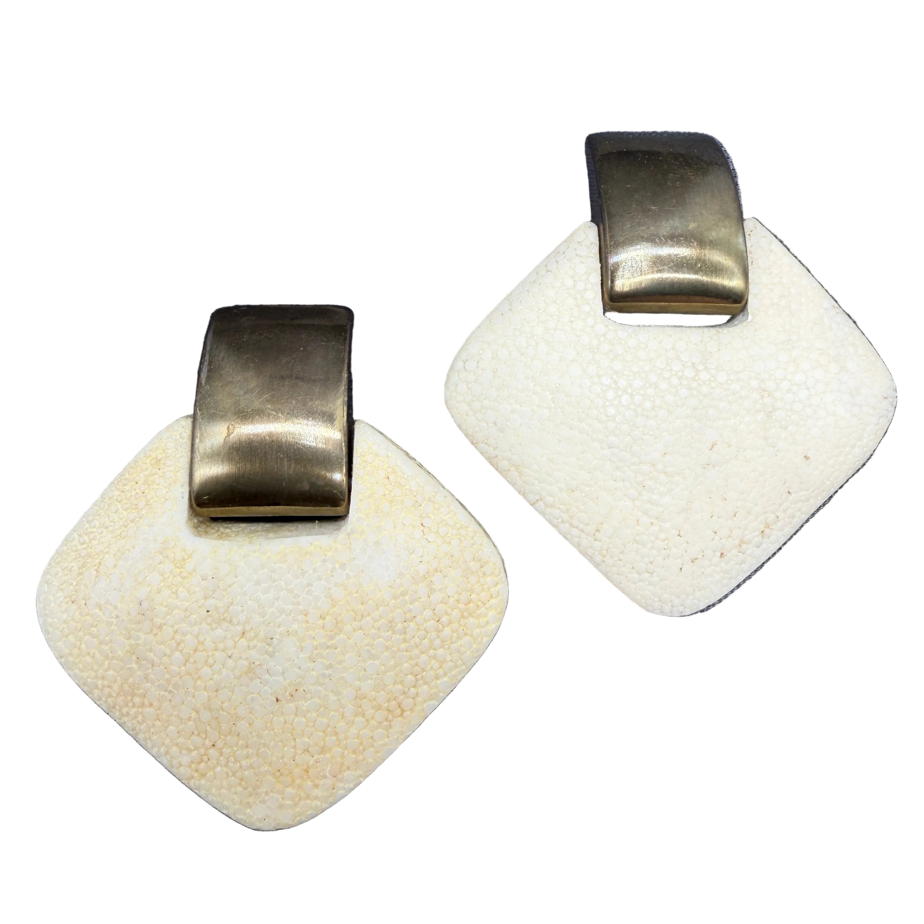 1980s Genuine Shagreen Statement Clip Earrings with Brass-Tone Clips