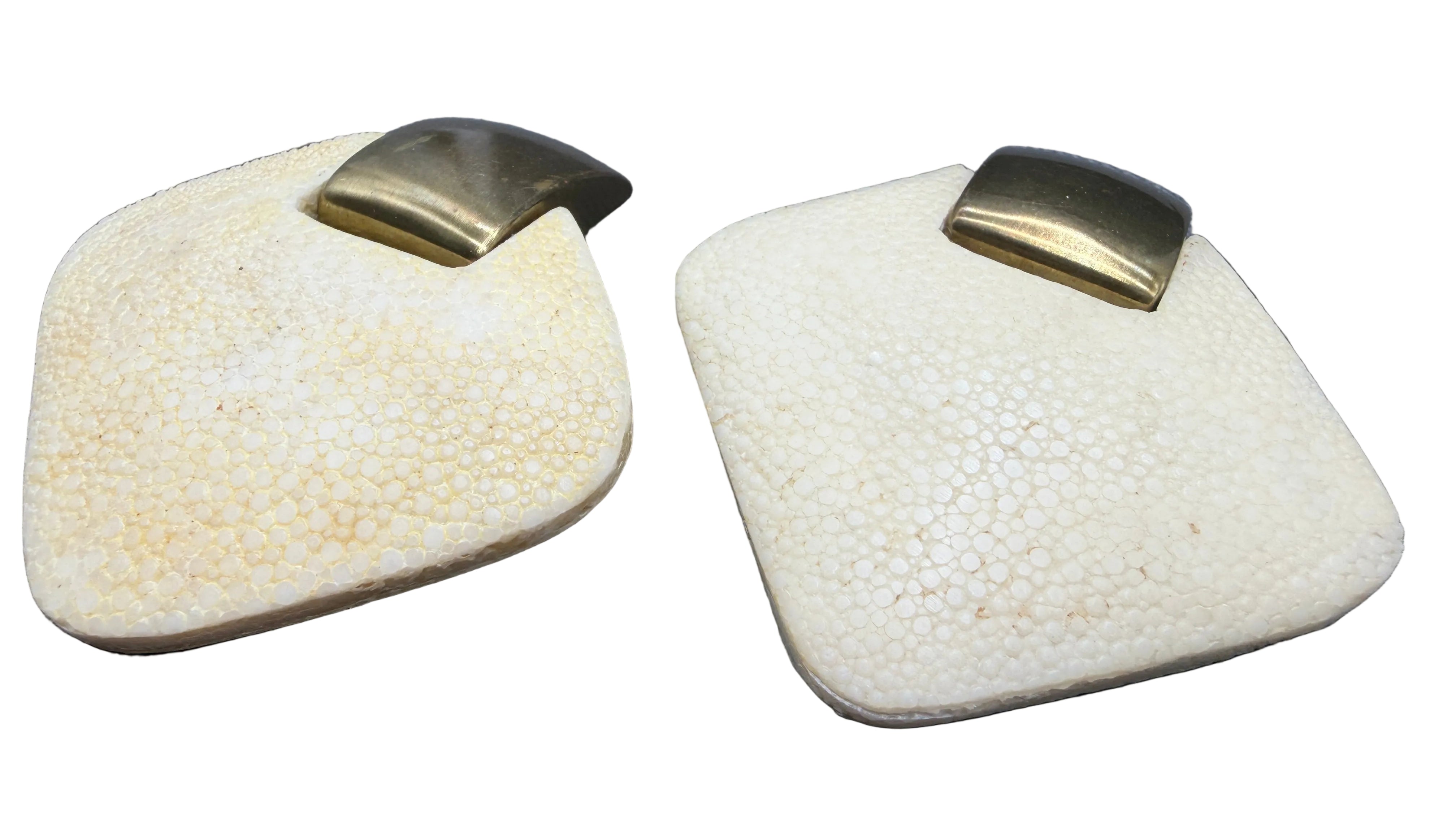 1980s Genuine Shagreen Statement Clip Earrings with Brass-Tone Clips