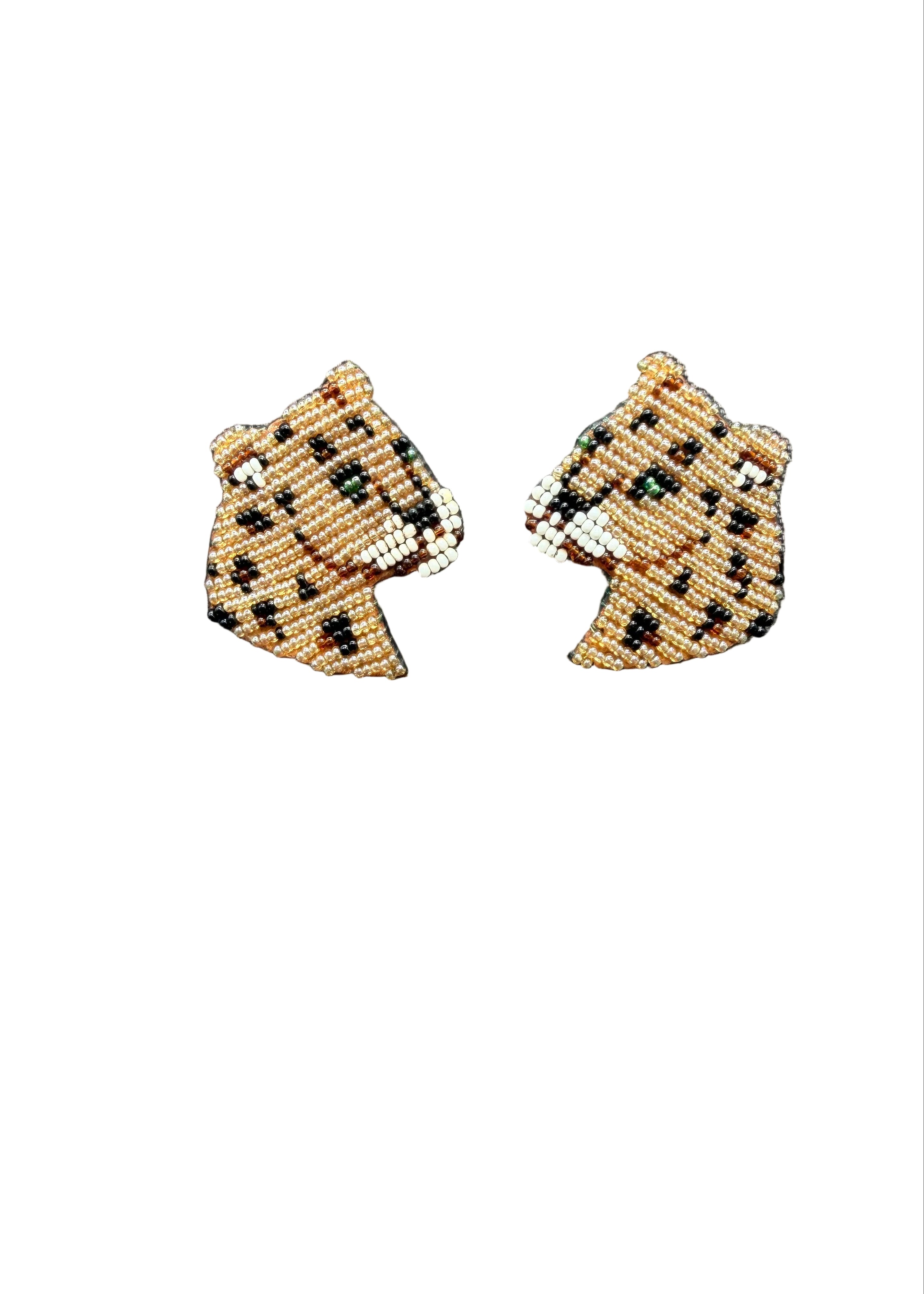 1980s Beaded Cheetah Head Clip Earrings with Leather Backings