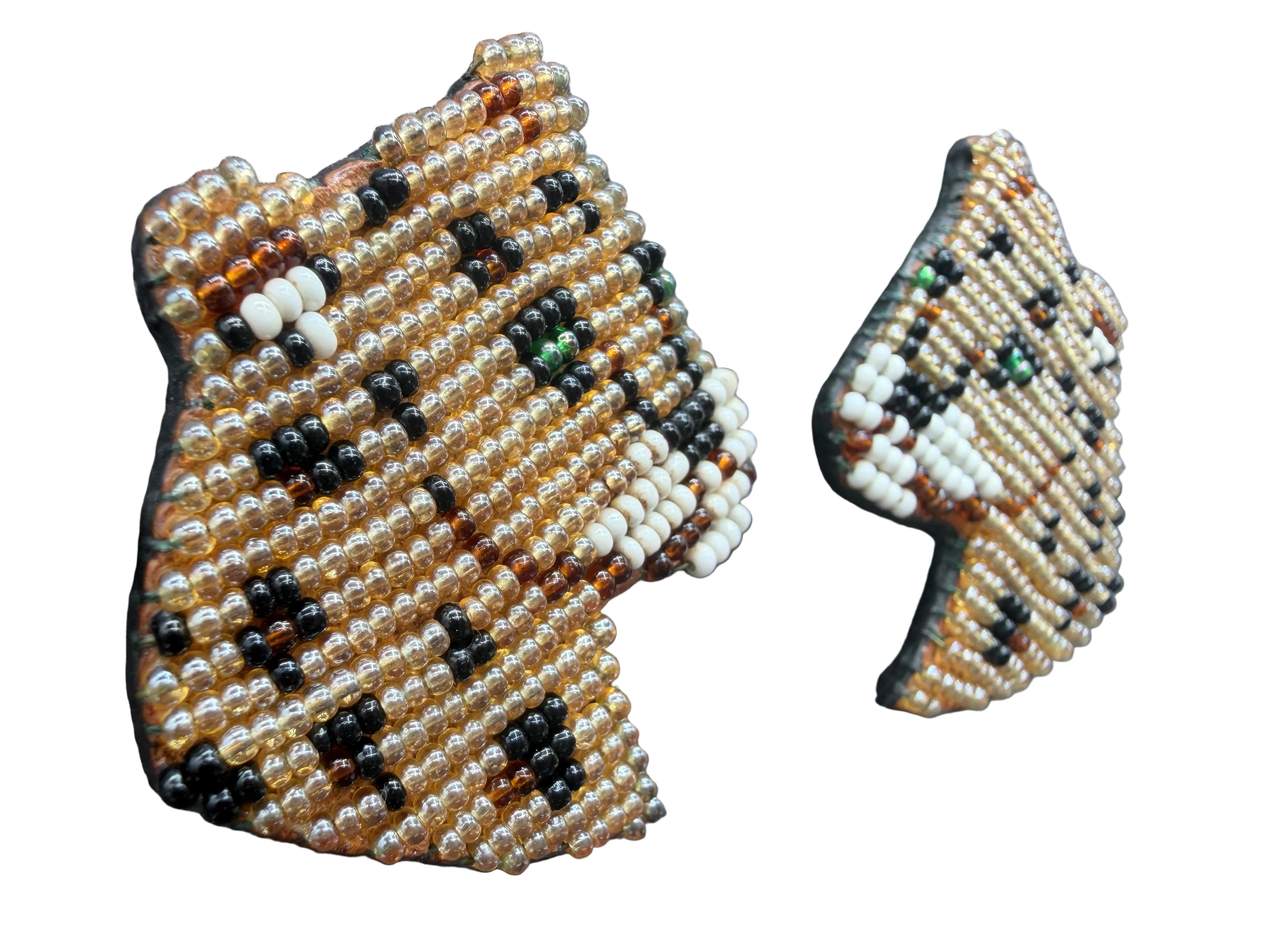 1980s Beaded Cheetah Head Clip Earrings with Leather Backings