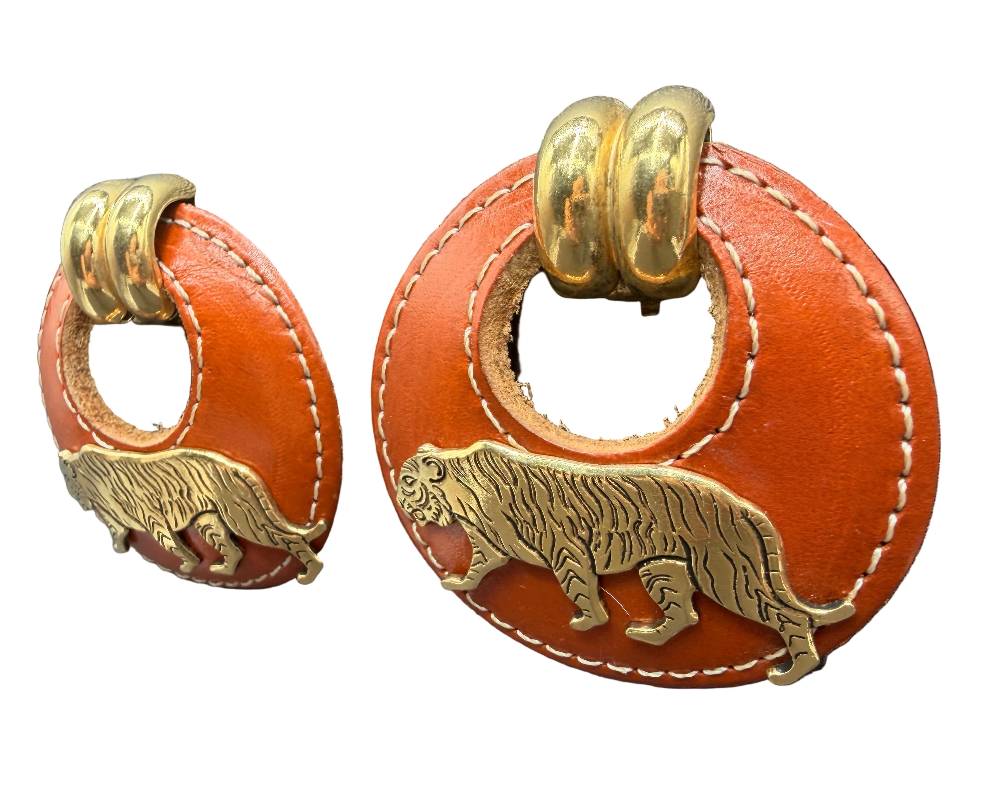 1980s Gold-Tone Huggie Clip Earrings with Leather Hoop & Tiger Accent