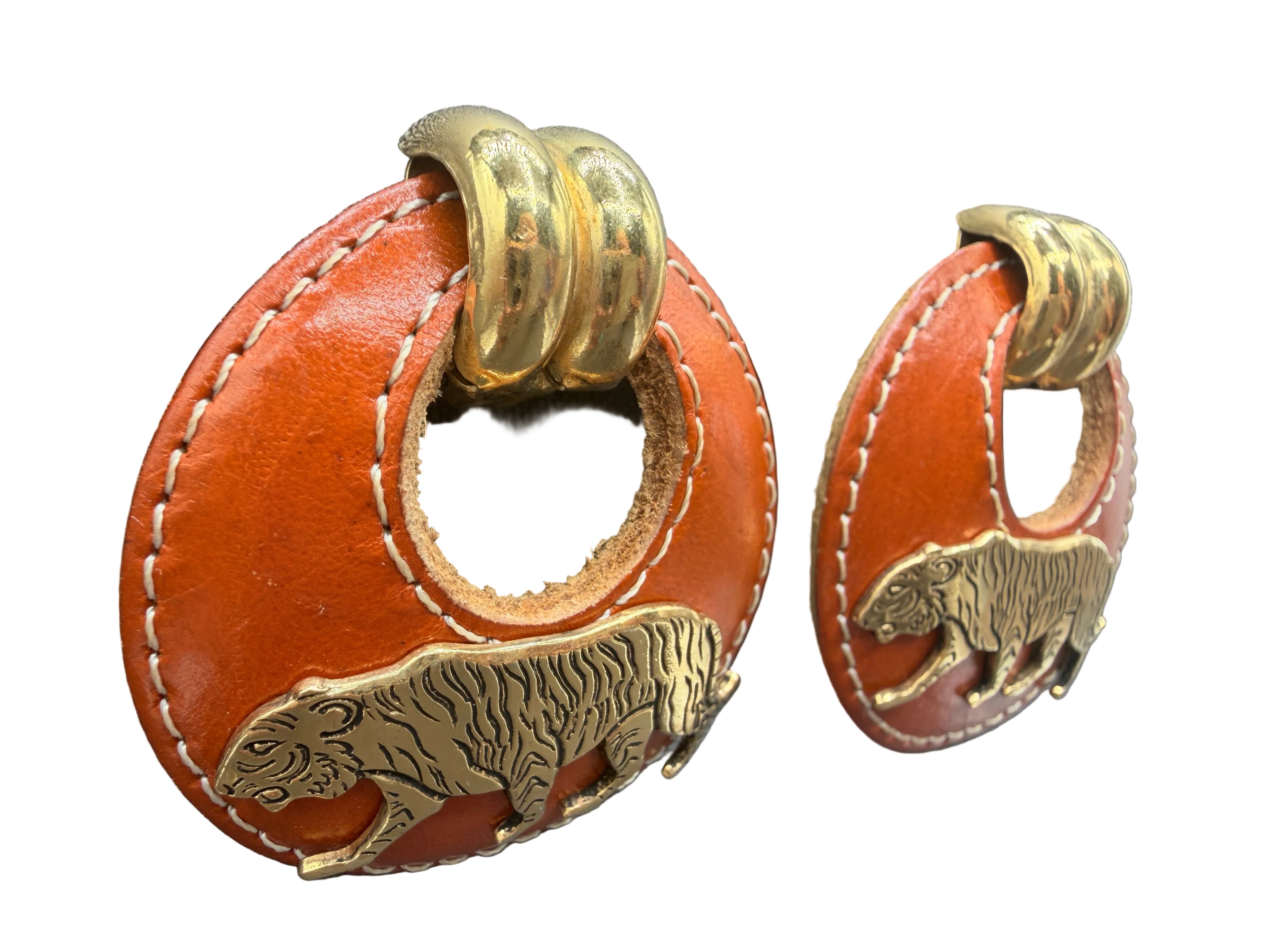 1980s Gold-Tone Huggie Clip Earrings with Leather Hoop & Tiger Accent