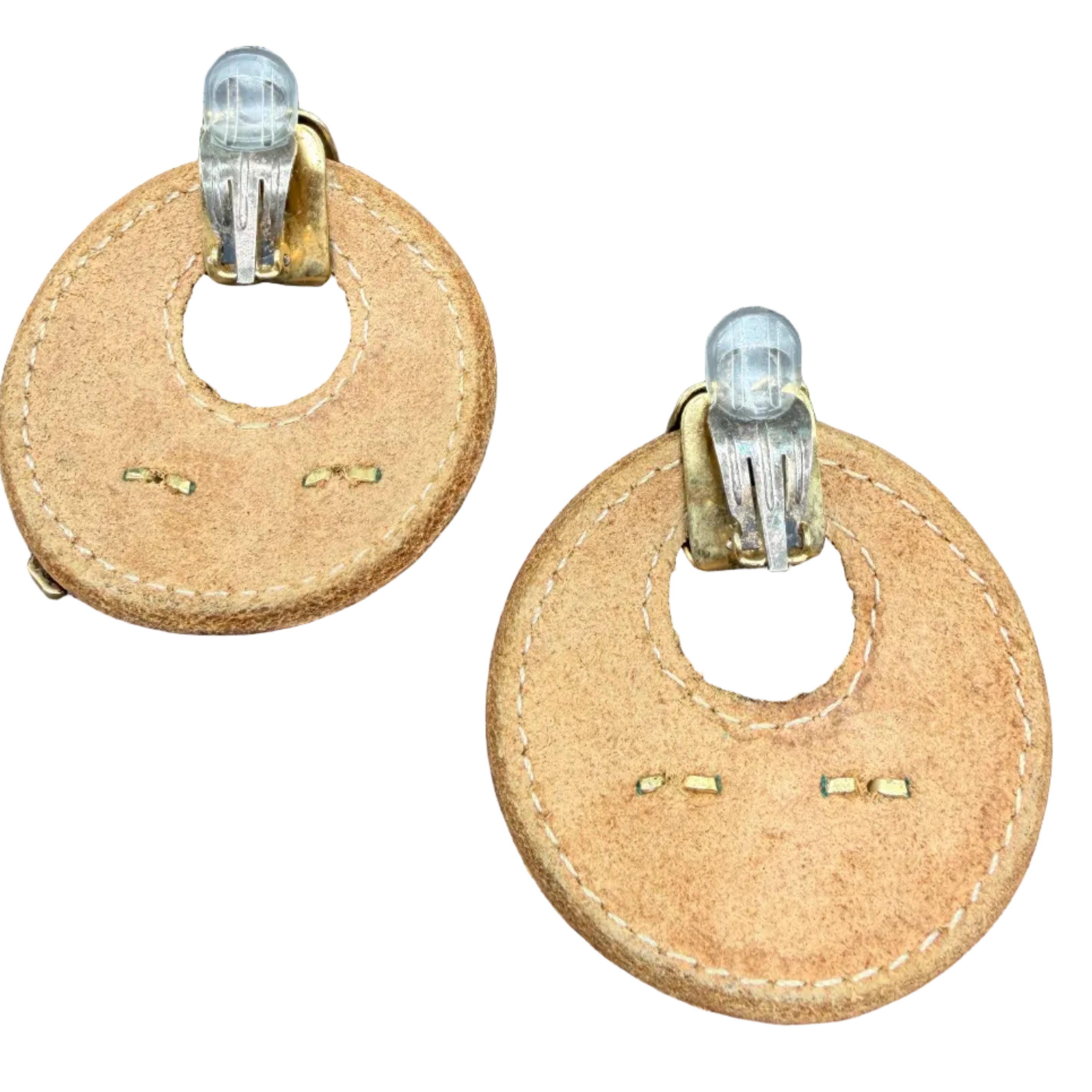 1980s Gold-Tone Huggie Clip Earrings with Leather Hoop & Tiger Accent