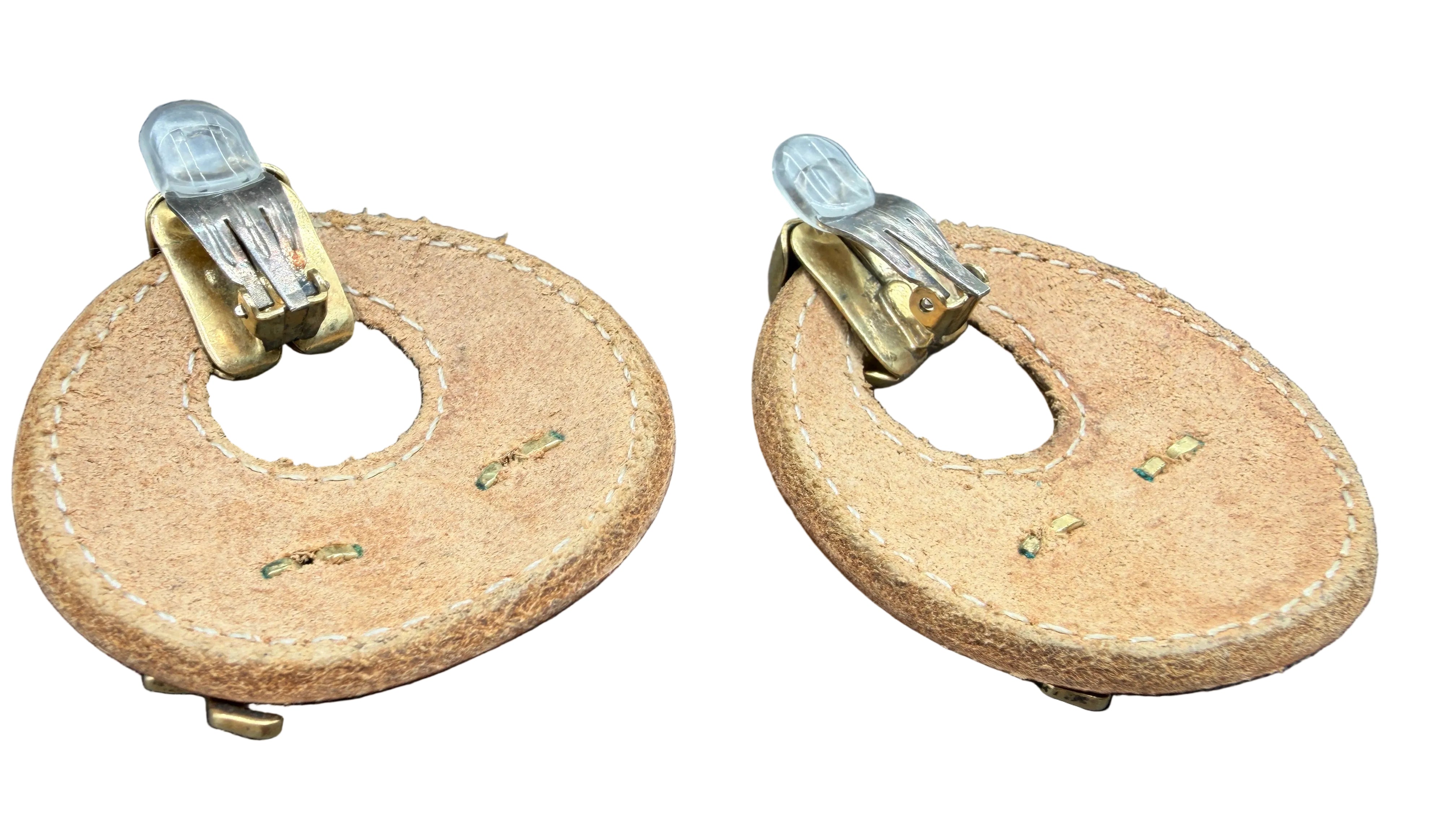 1980s Gold-Tone Huggie Clip Earrings with Leather Hoop & Tiger Accent