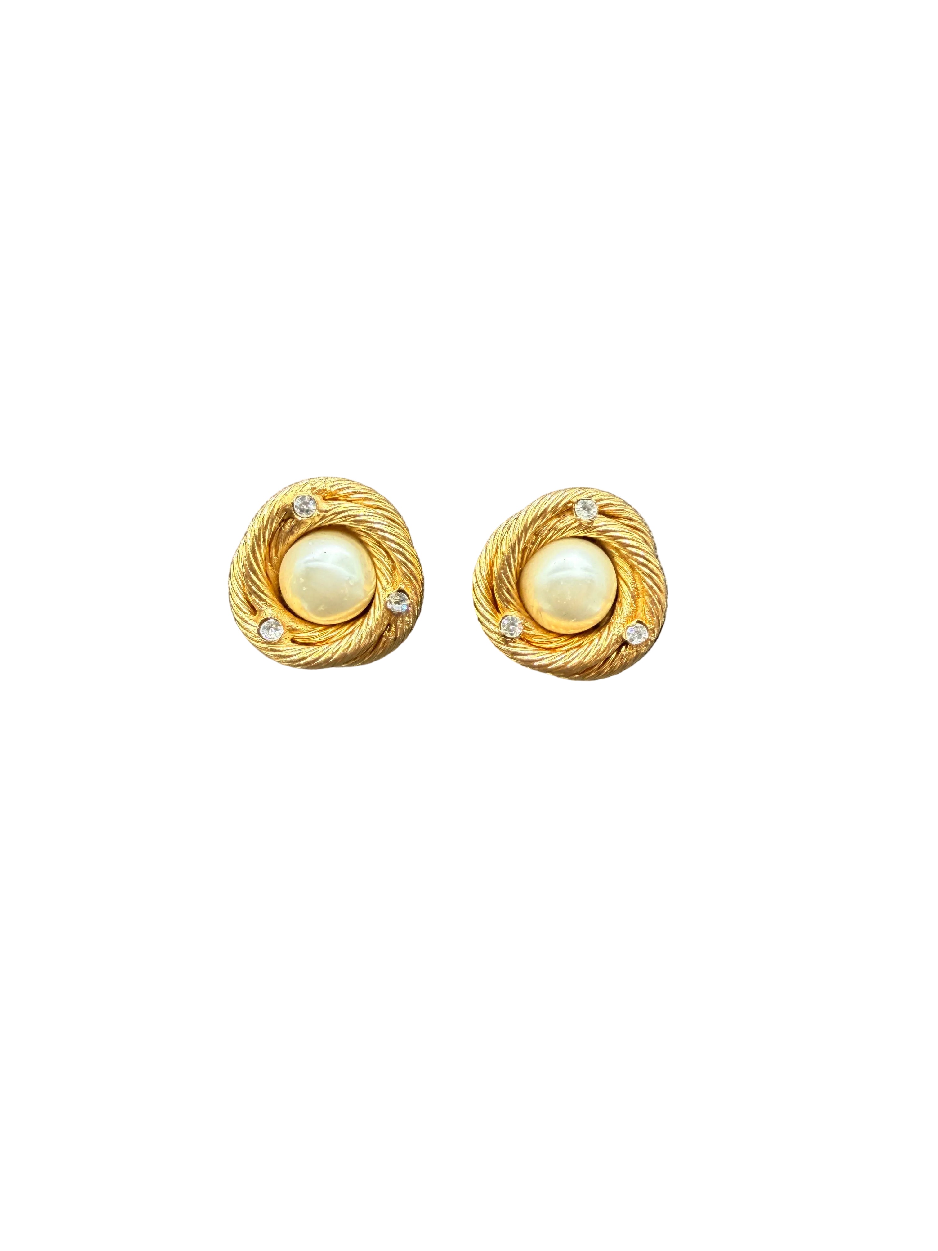 1980s Chanel Gold-Tone Rope Interlocking Circle Clip Earrings with Faux Glass Pearl & Crystal Accents