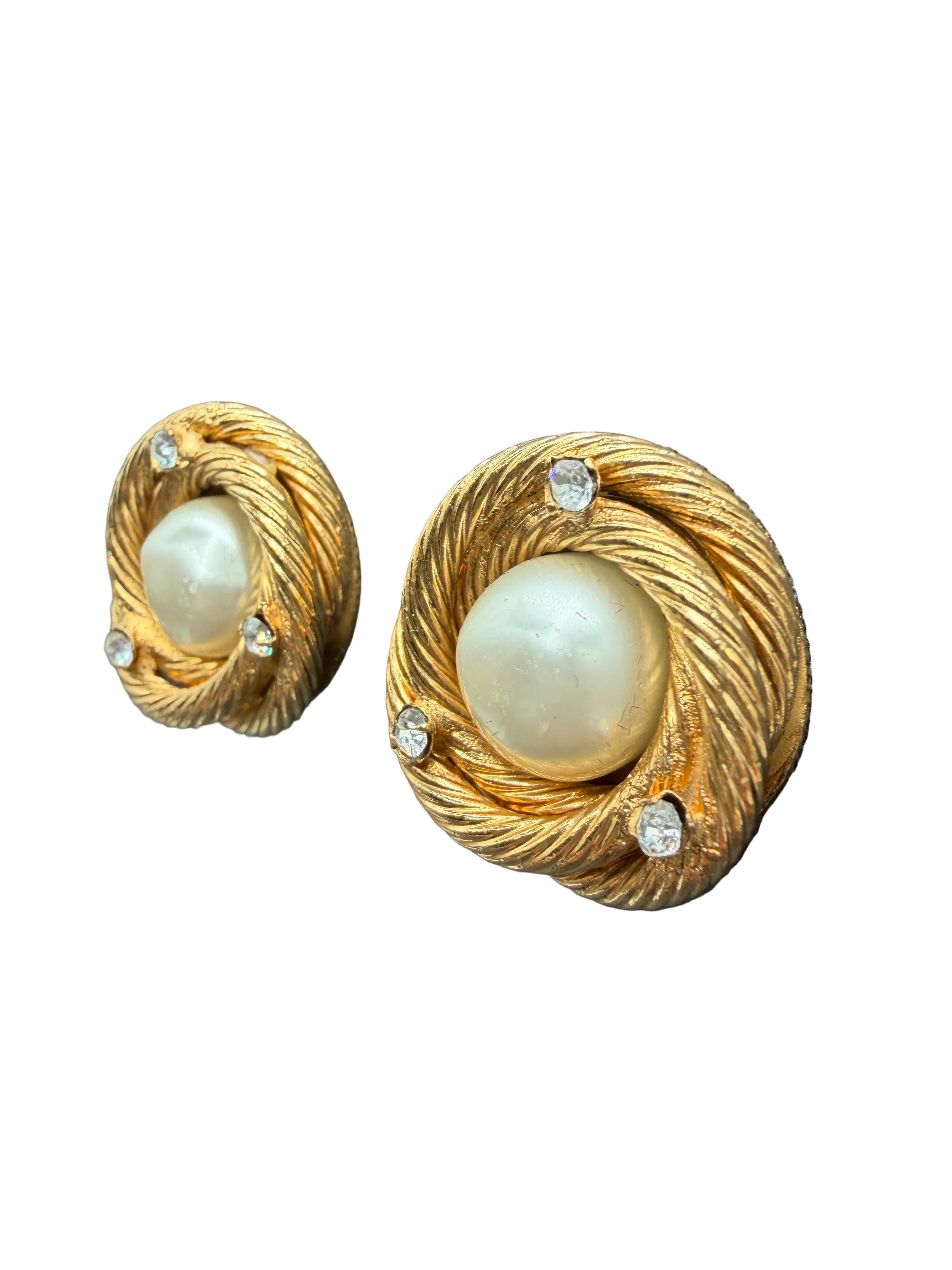 1980s Chanel Gold-Tone Rope Interlocking Circle Clip Earrings with Faux Glass Pearl & Crystal Accents