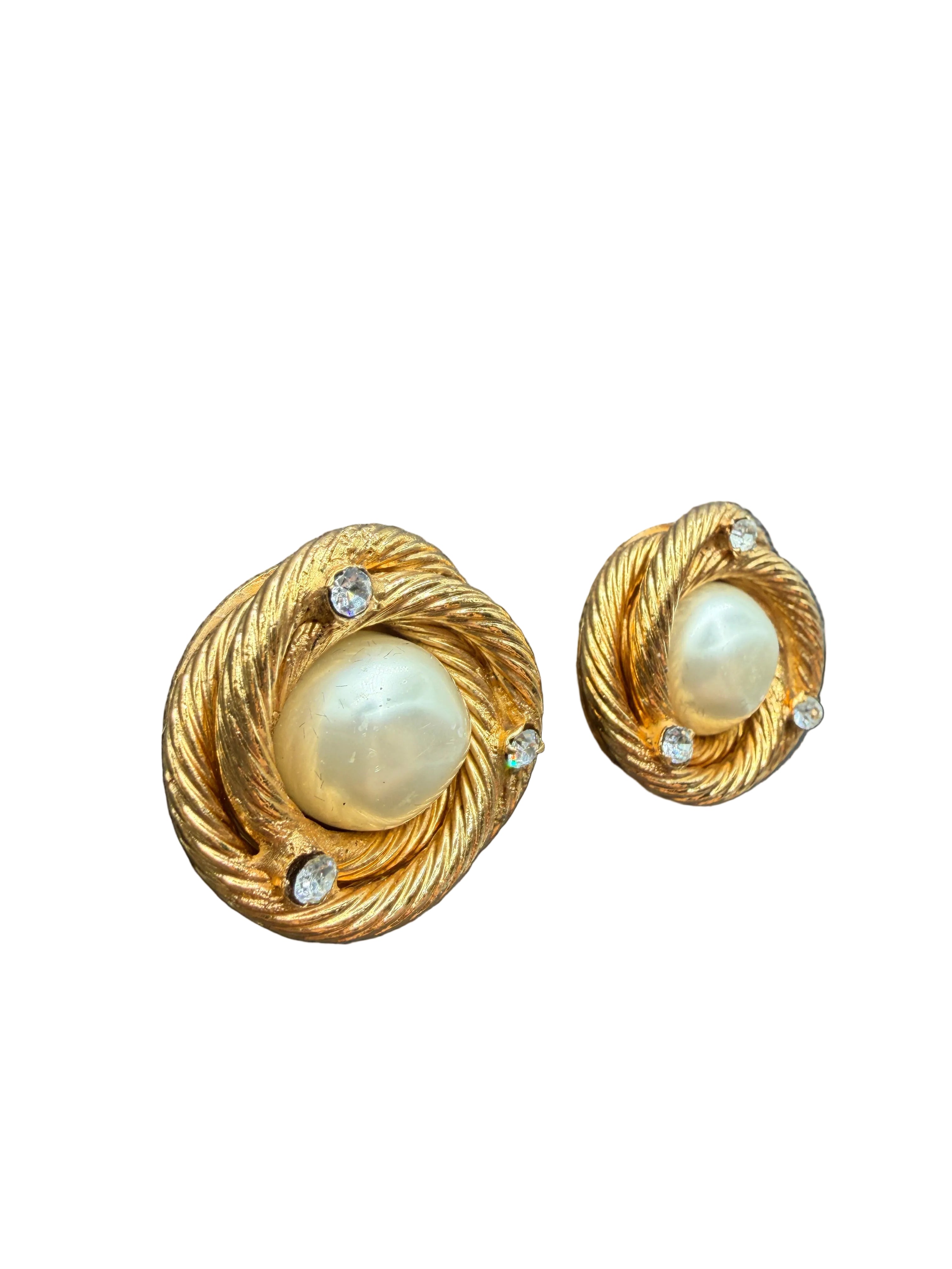 1980s Chanel Gold-Tone Rope Interlocking Circle Clip Earrings with Faux Glass Pearl & Crystal Accents