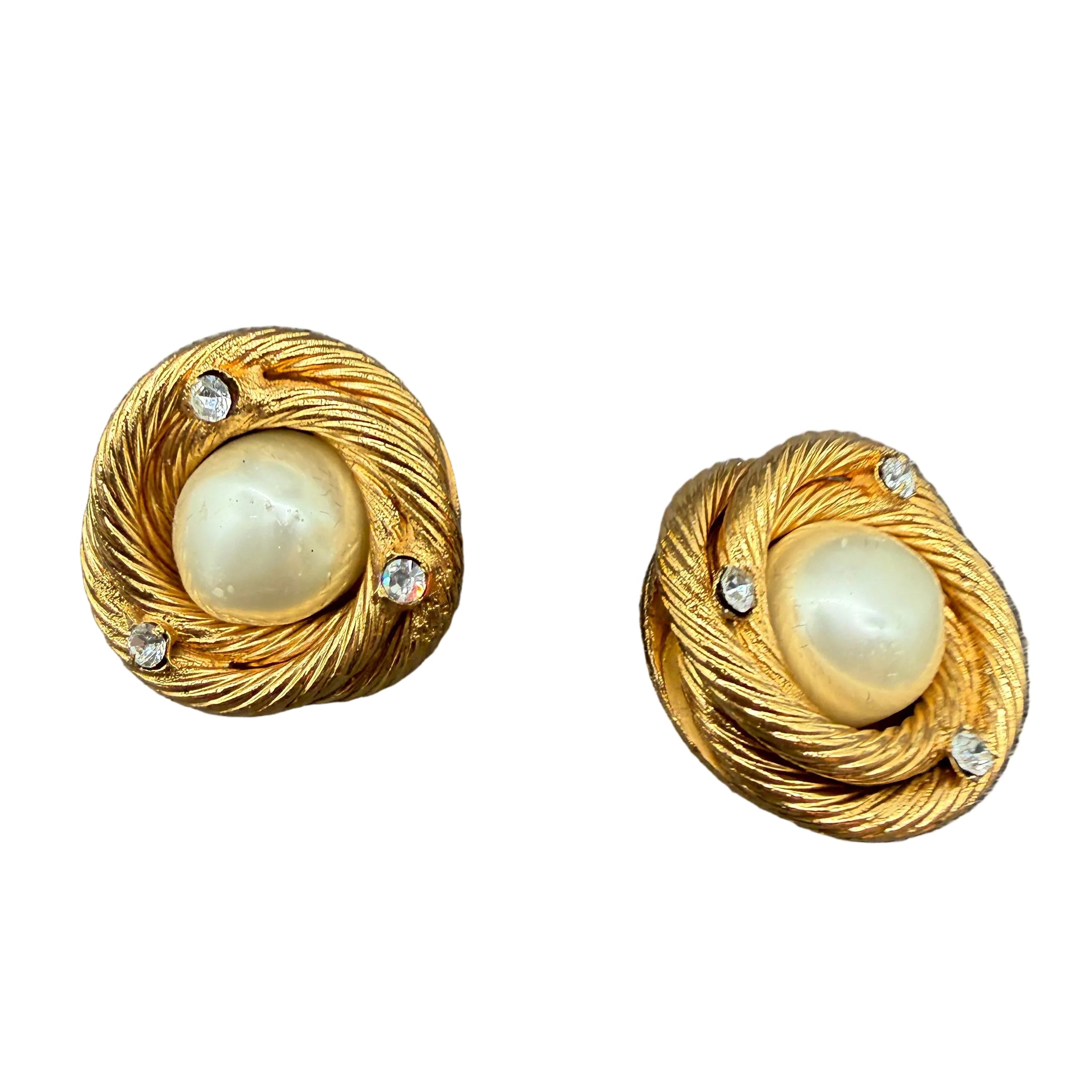 1980s Chanel Gold-Tone Rope Interlocking Circle Clip Earrings with Faux Glass Pearl & Crystal Accents
