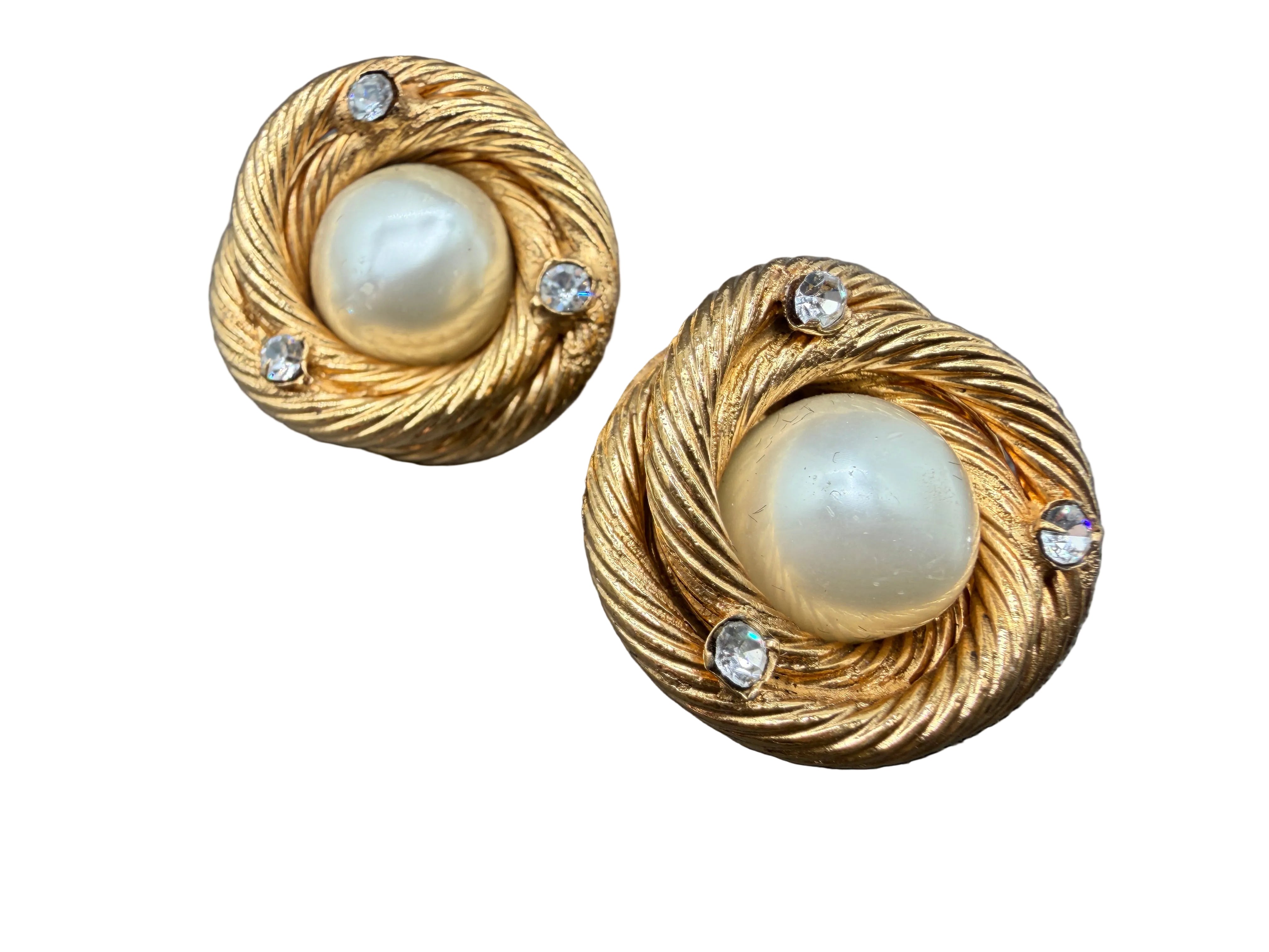 1980s Chanel Gold-Tone Rope Interlocking Circle Clip Earrings with Faux Glass Pearl & Crystal Accents