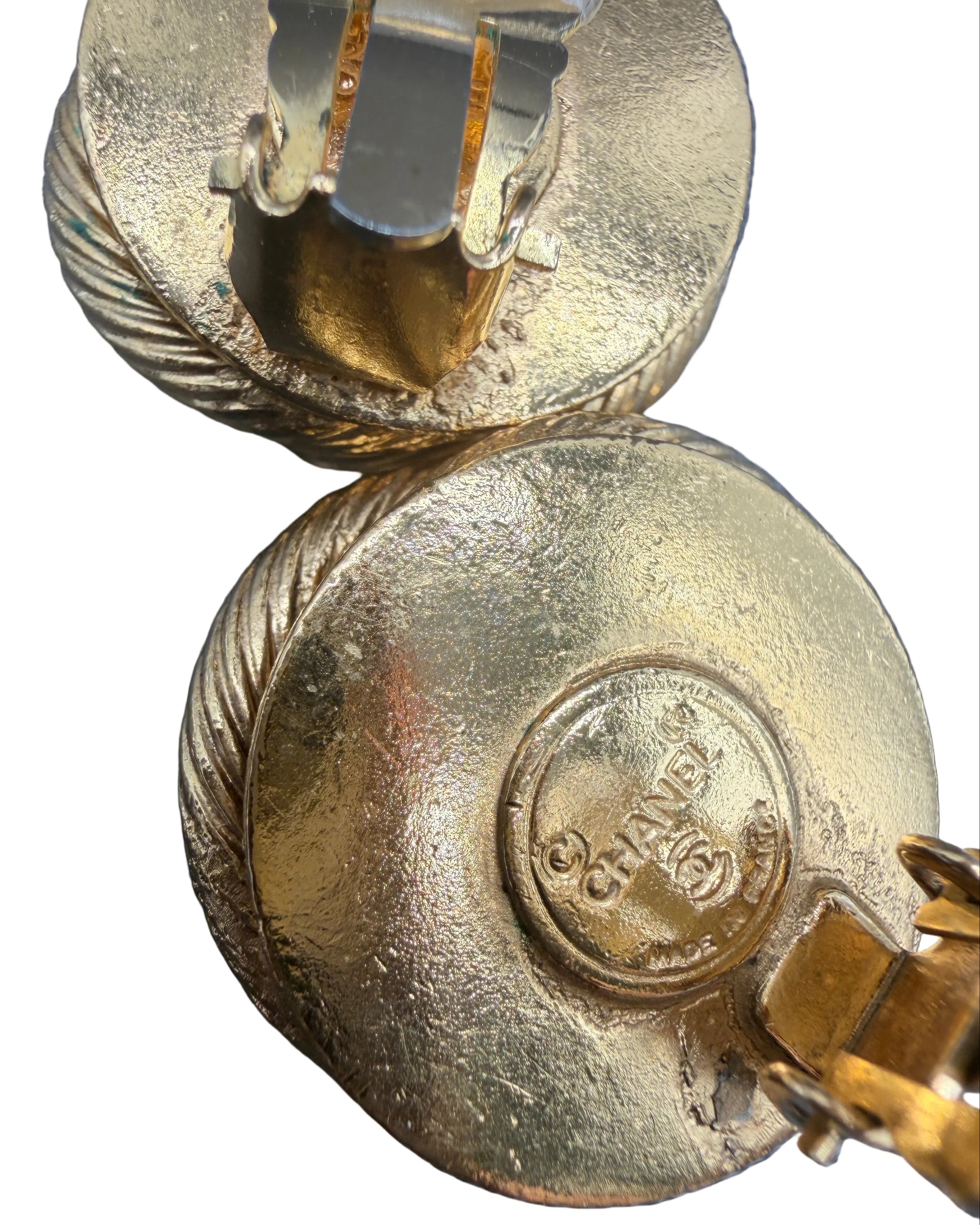 1980s Chanel Gold-Tone Rope Interlocking Circle Clip Earrings with Faux Glass Pearl & Crystal Accents