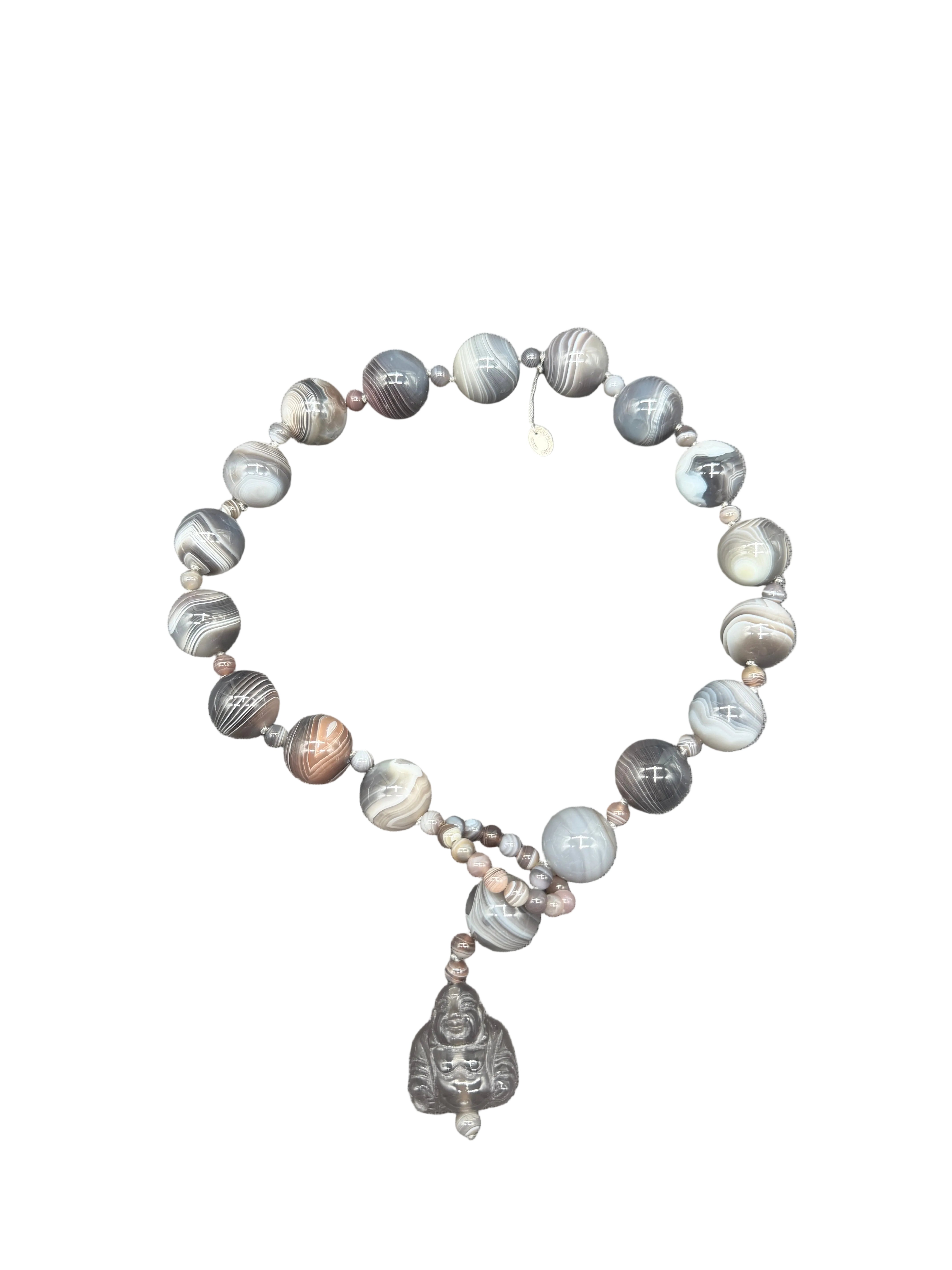 1980s Jehanne de Biolley Botswana Agate Necklace with Buddha Charm